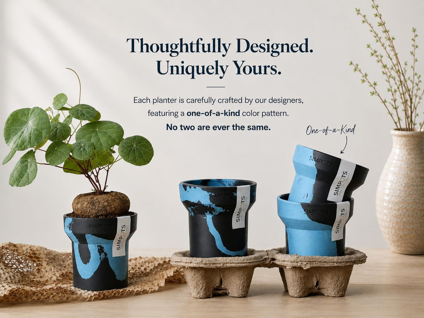 ONE ART Modern Planter Pot, Stone & Recycled Ocean Plastic, Frost Proof Indoor Outdoor Plant Pot for Succulents Flowers Herbs, Unique Hand-Finished Pattern, Lightweight Minimalist Decor (Small)