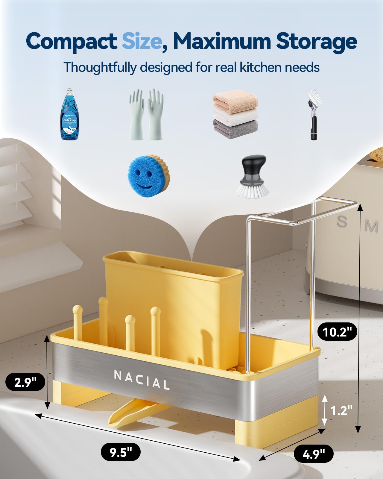 Nacial Sponge Holder for Kitchen Sink, Sink Caddy Organizer with High Brush Holder & Two Towel Racks - Rustproof 304 Stainless Steel Kitchen Countertop Storage Essentials - Yellow