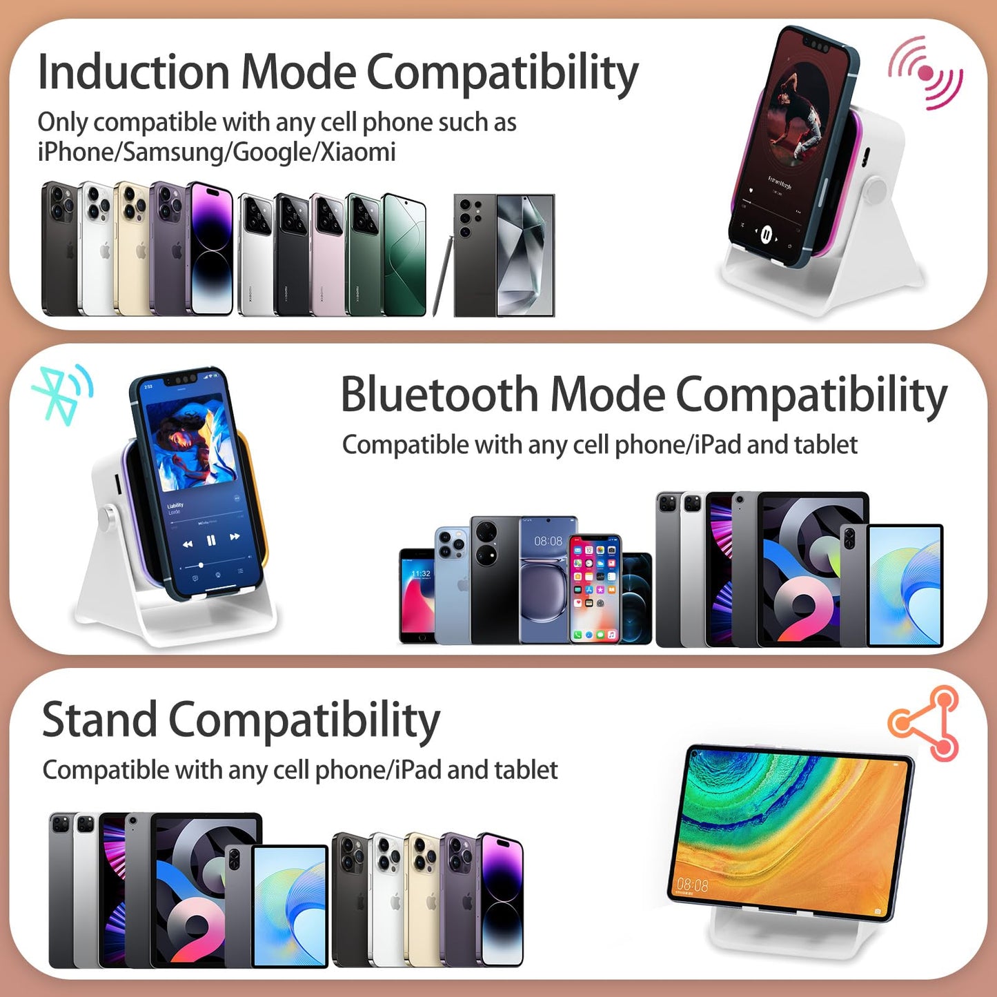 Wireless Induction Speaker 5-in-1 Bluetooth Speaker with Phone Holder, Surround Sound, 3500mAh, 8 RGB Ambient Lights, 360° Adjustable Stand, Holder for iPhone/Android/iPad Gifts for Men Women (White)