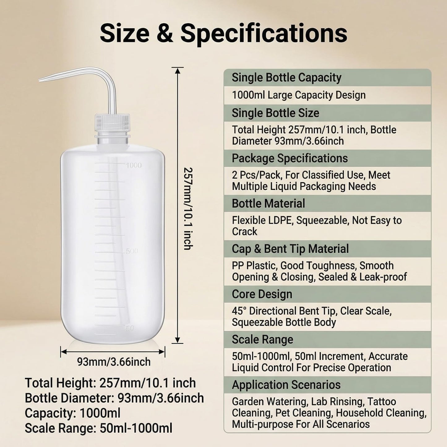 2-Pack 1000ml/34oz Clear Plastic Squeeze Tattoo Bottle with Scaled Narrow Mouth, Lab Squeeze Wash Bottle,Watering Tool for Gardening & Lab Succulent Watering