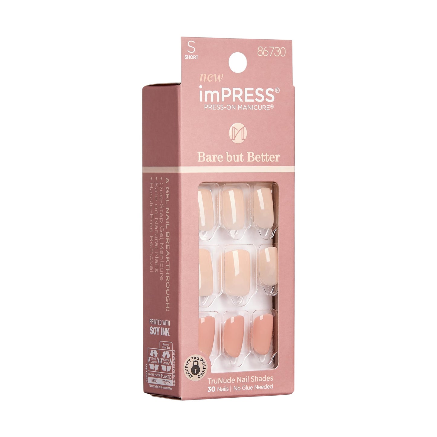KISS imPRESS No Glue Mani Press On Nails, Bare But Better, Simple Pleasure', Nude, Short Size, Squoval Shape, Includes 30 Nails, Prep Pad, Instructions Sheet, 1 Manicure Stick, 1 Mini File (Pack of 2)