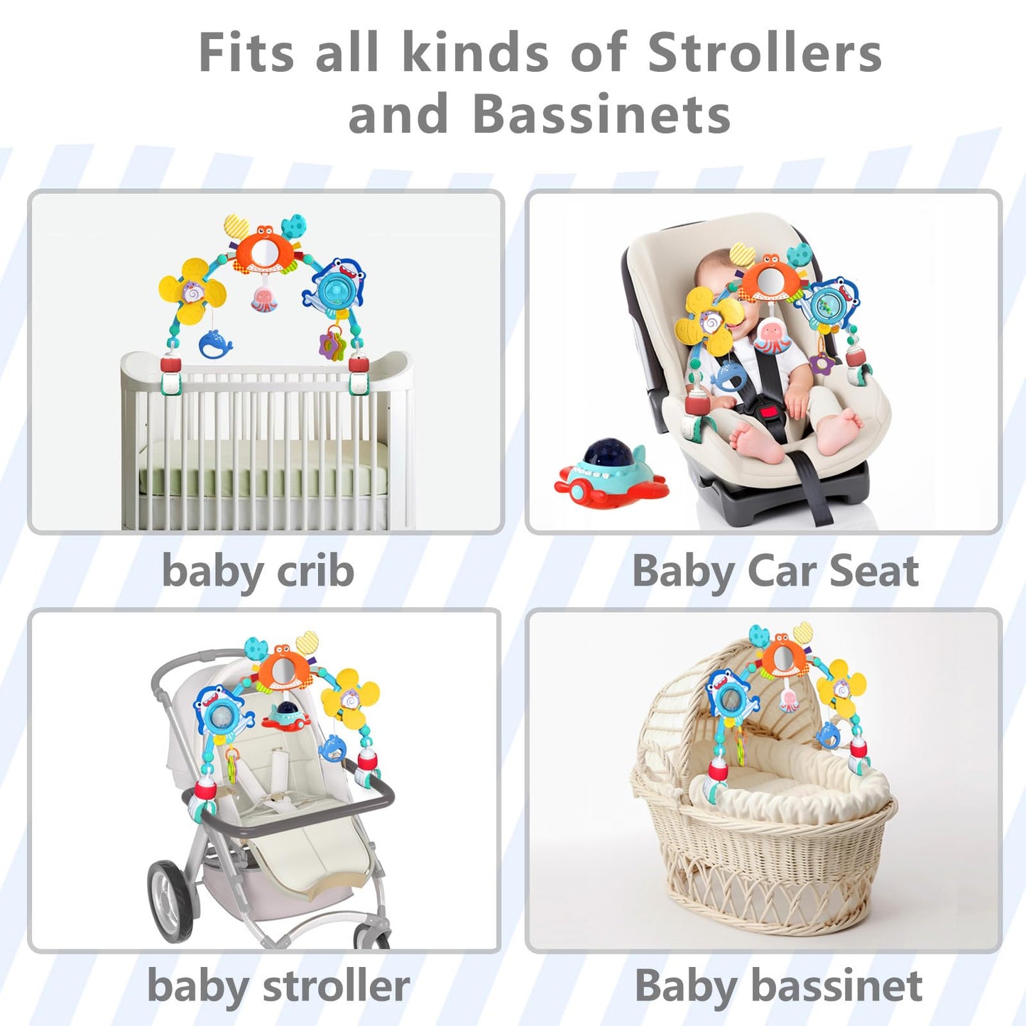 qesfir Musical Baby Stroller Arch, Travel Car Seat Toys, Baby Play Arch Crib Accessory, Mobile for Bassinet, Pram Activity Arch Bar for Babies Infants