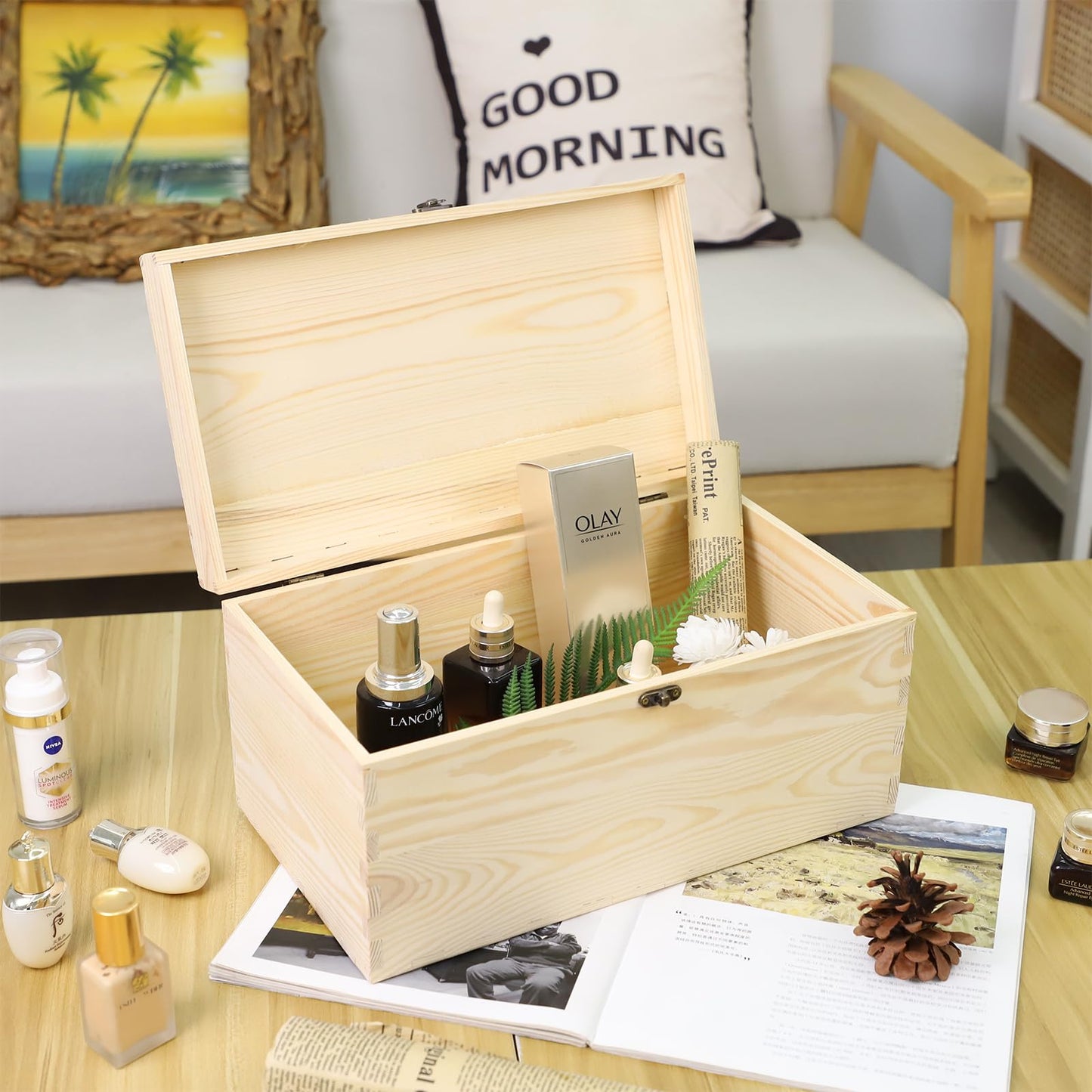 JJSQ Large Wooden Storage Box with Hinged Lid Rectangle Unfinished Unpainted Accessories Storage Wood Box for Crafts DIY Decoration Natural (13.8" x 7.9" x 7.1" IN)