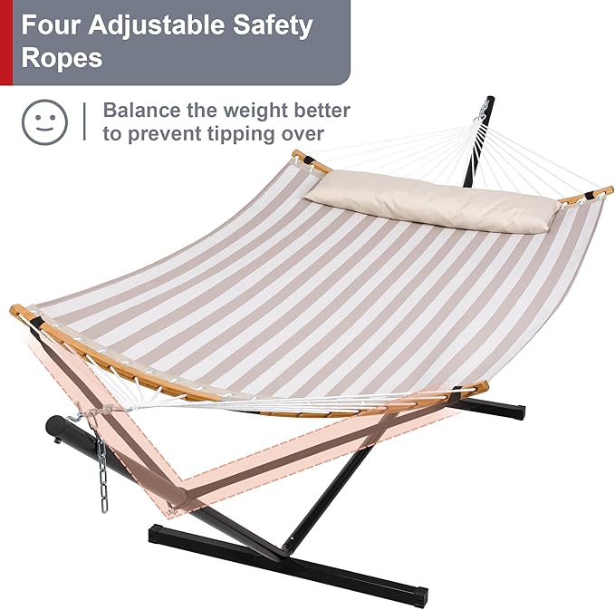 Double Hammock with Stand for Outside, Quick Dry Hammock with Curved Spreader Bars, Pillow and Carrying Bag, 450 Lbs Capacity, Light Brown Stripe