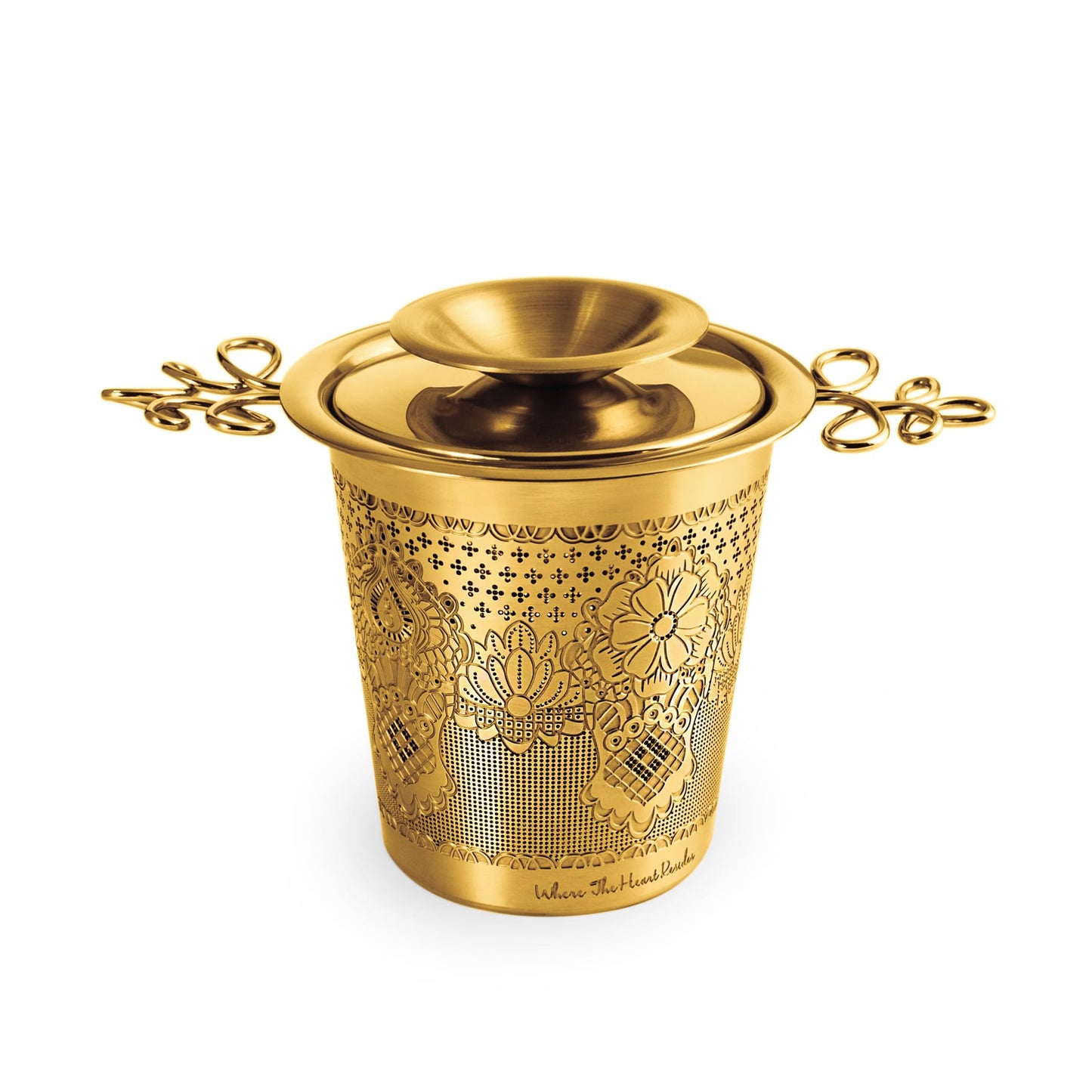 Premium Stainless Steel Tea Infuser Basket Gift Set - Gold Plated Loose Leaf Tea Steeper with Floral Engraved Lid, Stand & Fine Mesh Filter | Best Tea Strainer for Tea Lover