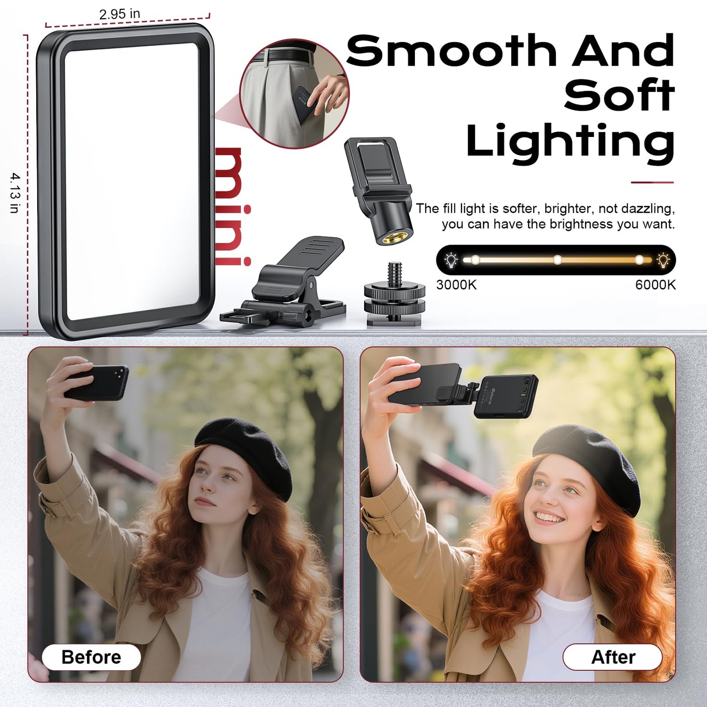 Datarm Rechargeable Soft Selfie Light for Phone, Camera, Laptop, 4-14H Battery Portable LED Light for Pictures, Phone Light Clip for Selfie, Vlog, TikTok, Makeup, Video Conference Black