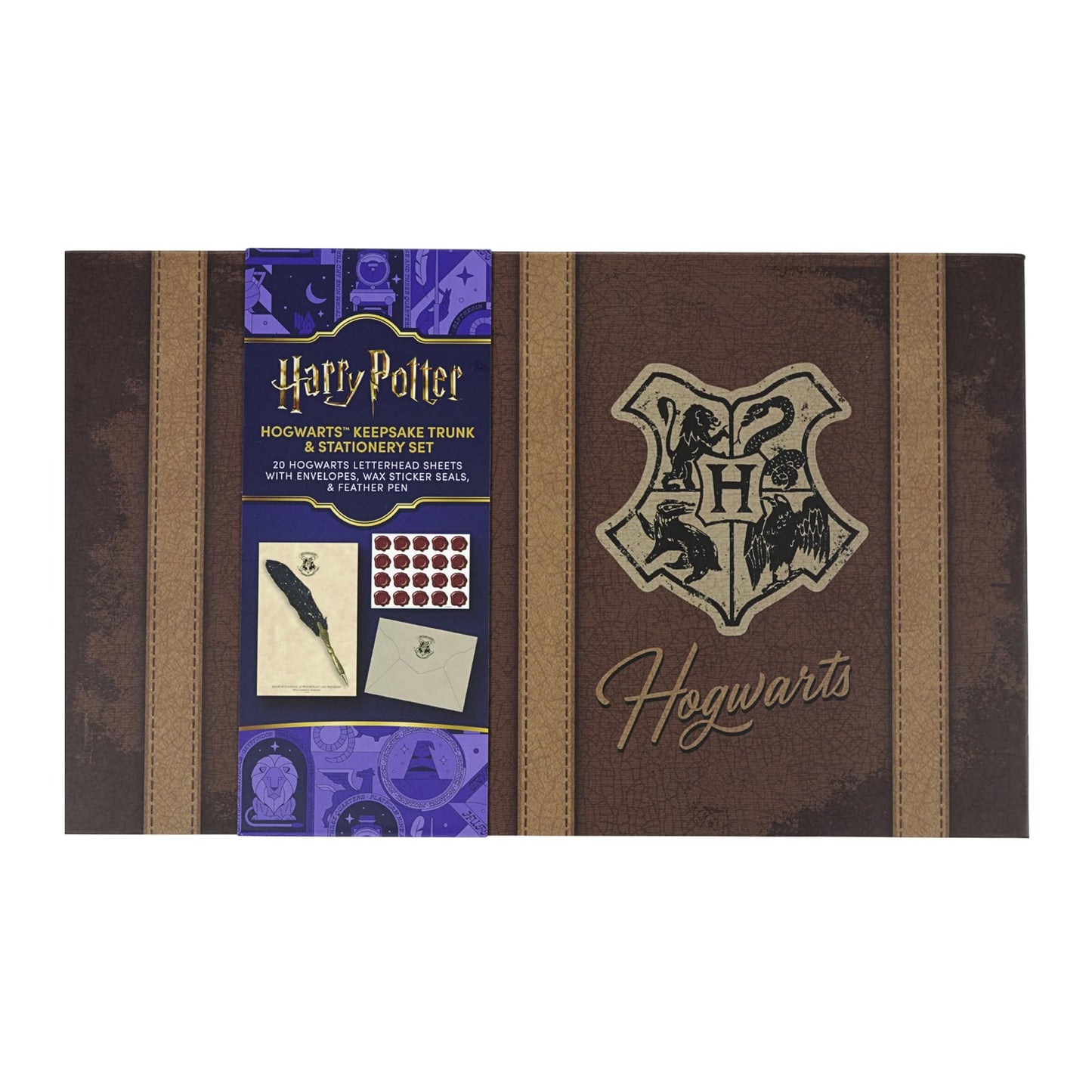 Conquest Journals Harry Potter Boxed Stationery Set, 20 Hogwarts Letterhead Stationery, 20 Corresponding Envelopes, 20 Wax Seals, Keepsake Travel Trunk Box, Feather Ballpoint Pen, Officially Licensed