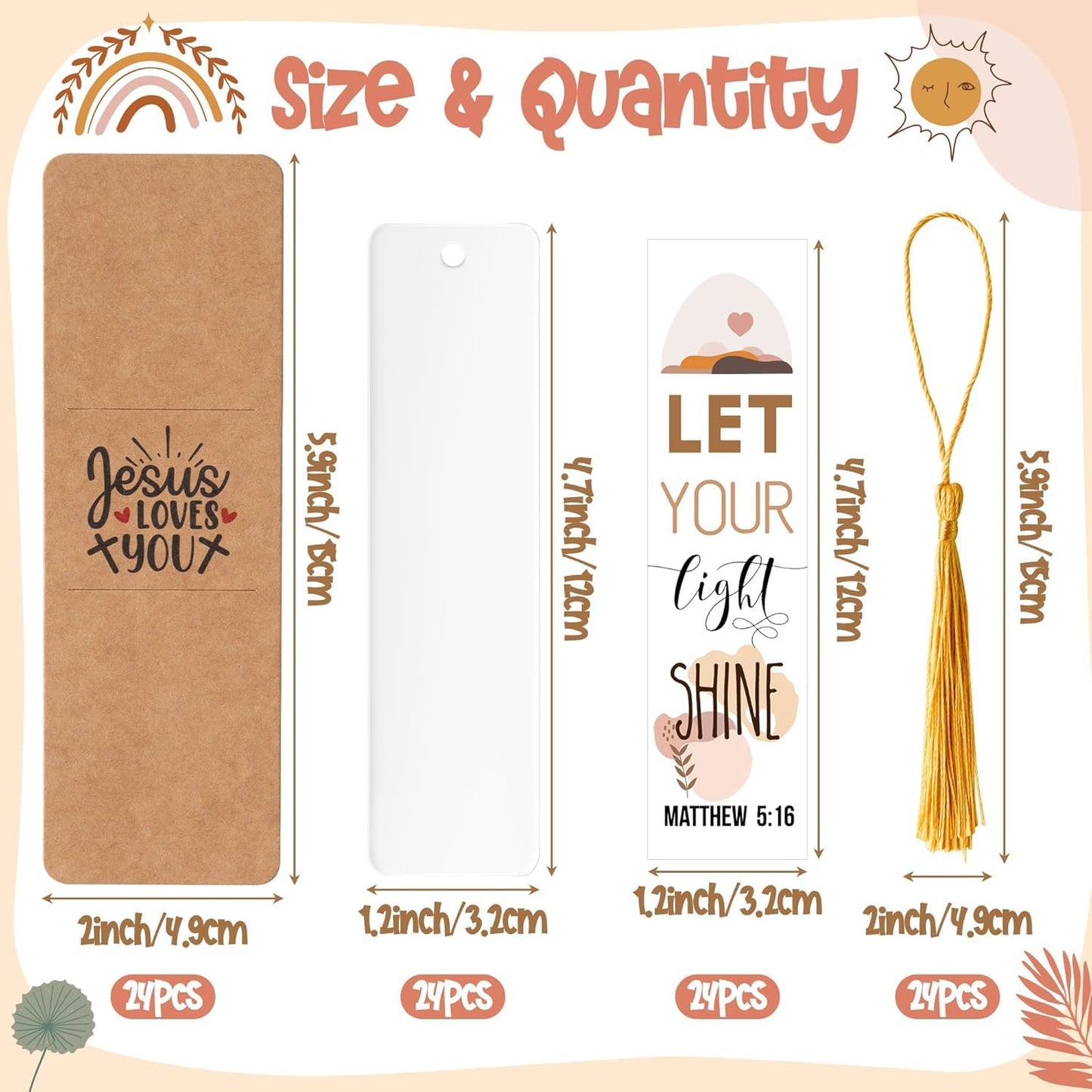 Haooryx Boho Christian Bible DIY Bookmark- 96Pcs Bible Verse DIY Bookmark UV DTF Transfer Sticker Blank Acrylic Tassel Bookmarks Transparent Rectangle Acrylic Bookmark for Kids DIY Crafts Kit Gift Tag
