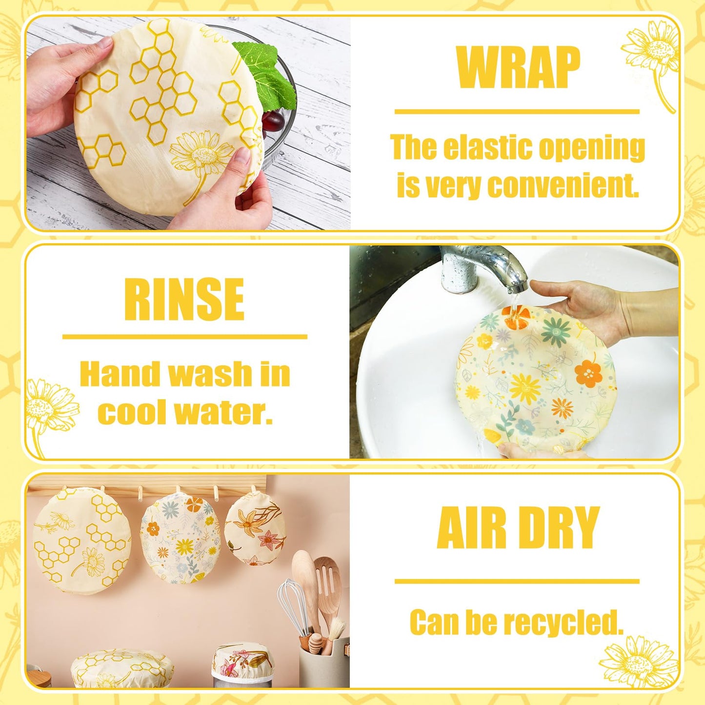 Yiyiring 6 Pcs Reusable Beeswax Bowl Covers for Bread Proofing 6/8/10 Inch Elastic Cotton Bowl Cover 3 Pattern Cloth Food Wrap Bread Proofing Cap for Mixer Container Baskets
