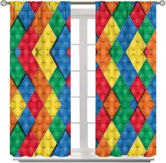 Kids Building Blocks Toy Curtains Boy Girl Room Printed Curtains Abstract Colorful Bricks Children's Nursery Blackout Curtains 42x54 Inches 2 Panels