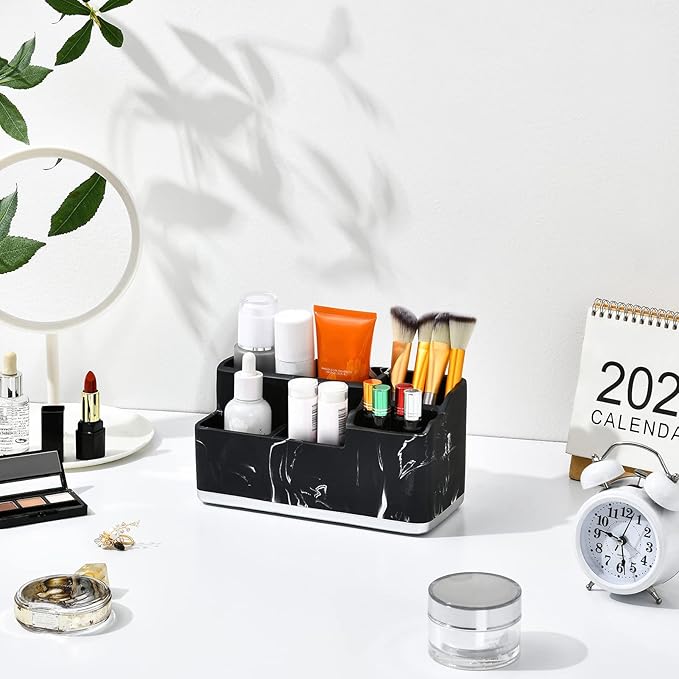 VITVITI Toothbrush Holders for Bathroom, Bathroom Organizer Countertop, 5 Compartment Bathroom Accessories Storage for Toothpaste/Vanity Counter/Sink, Black Resin of Marble Color