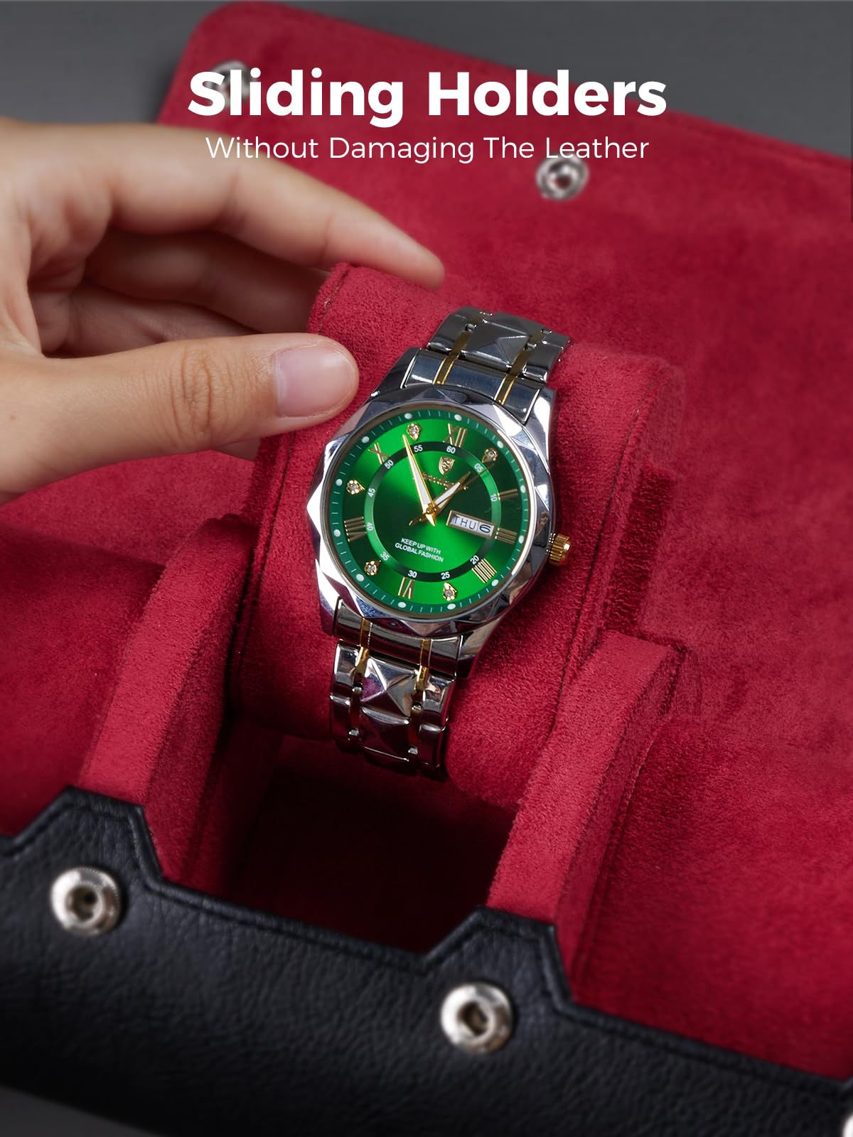 Simplelement Watch Travel Case for Men, PU Watch Roll for Travel Organizer, Gift-Box Packaging for Birthday or Christmas (Black/Red)