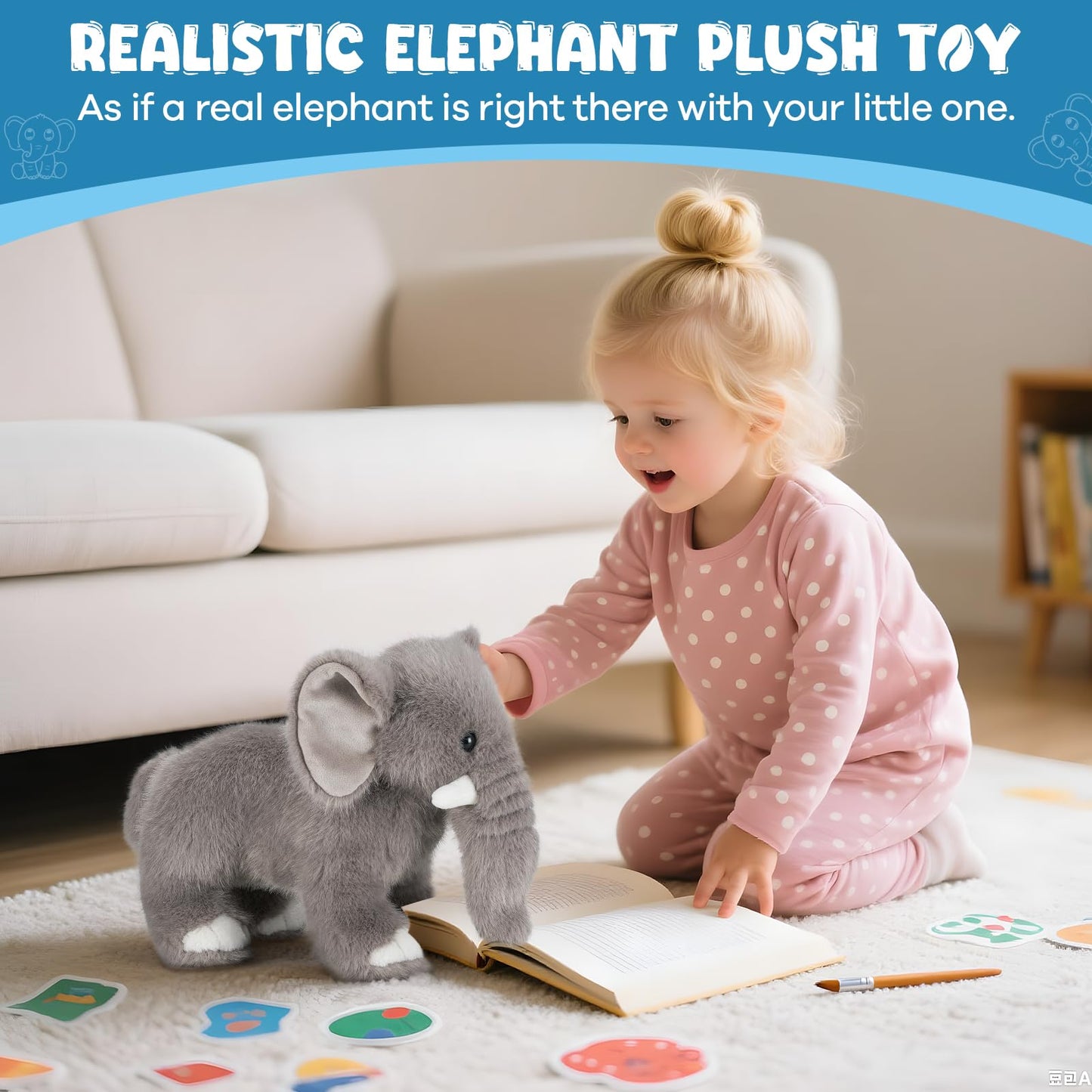 SnugBibble Elephant Plush Stuffed Animal with Multiple Realistic Sounds – Soft Cuddly Toy for Kids & Adults – Fun Gift for Baby Shower, Birthday, Christmas