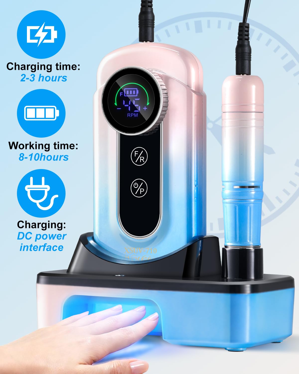 Moskany Professional Electric Nail Drill Kit 45000RPM Gradient Blue Cordless Rechargeable Nail File Machine with Nail Lamp Portable Efile Nails Drill for Acrylic Gel Nails