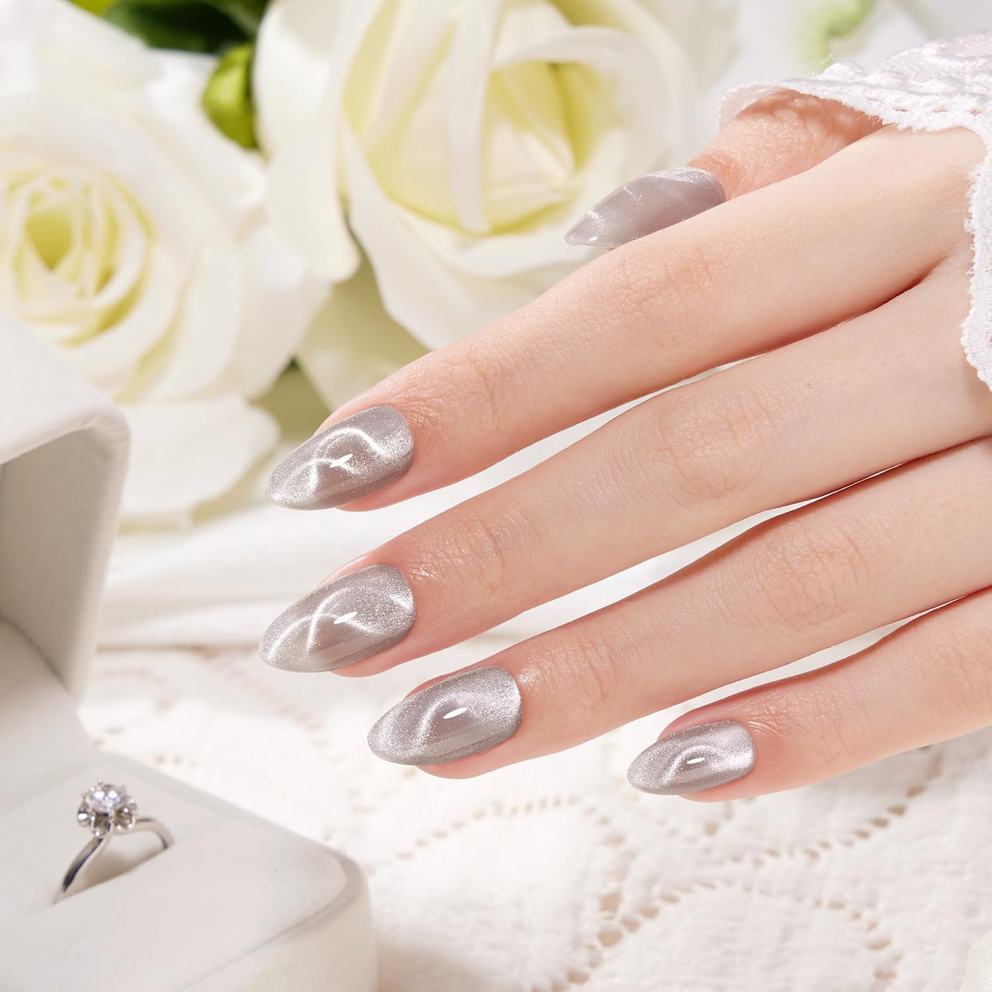VSALON Press On Nails Short Almond, Cat Eye Spring Glue on Nails Silver Shimmer Ribbon Sparkly Fake Nails With UV Glue Reusable Salon Quality Swirl Summer Stick on Nails for Women - 32 Pcs 16 Sizes