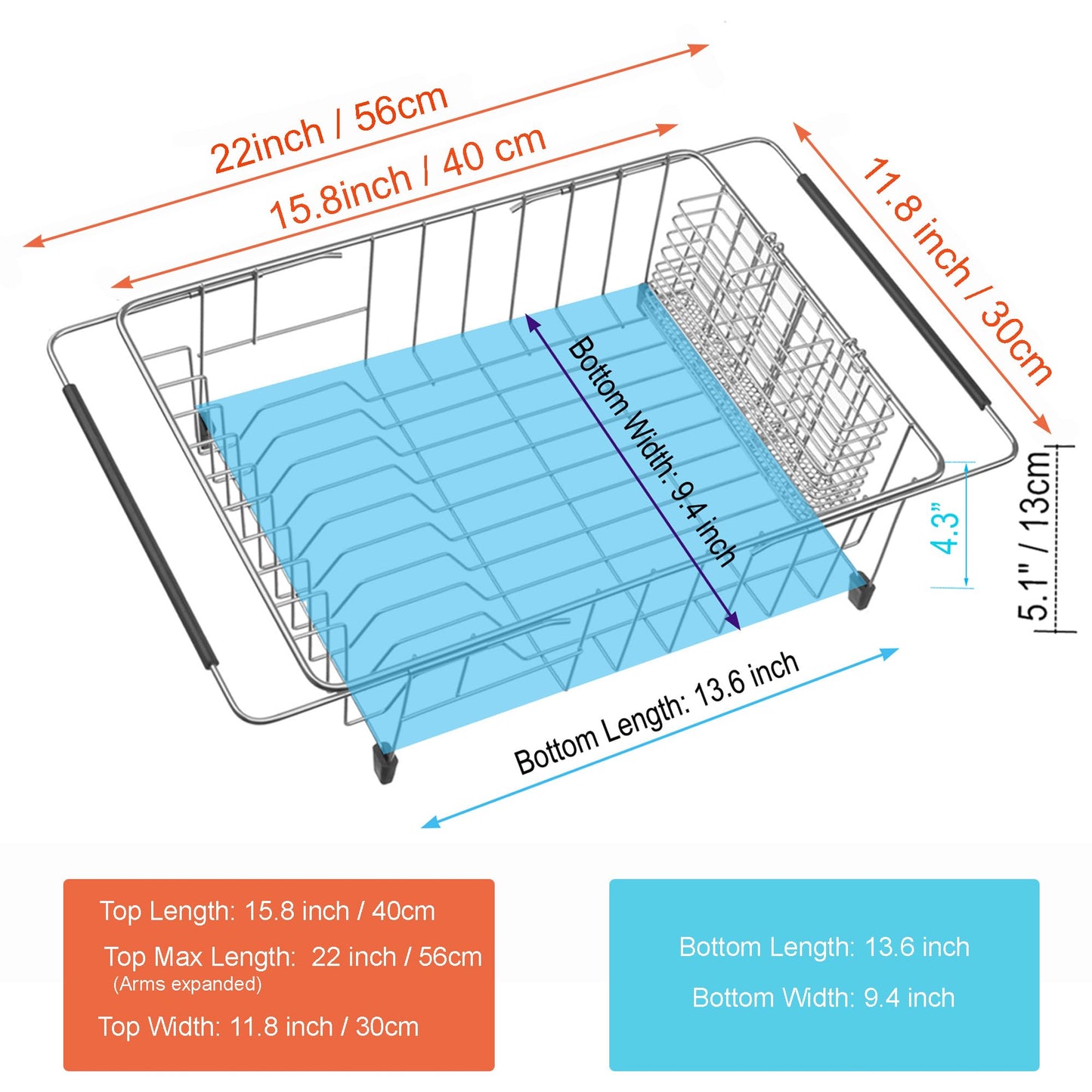 iPEGTOP Expandable Dish Drying Rack Over Sink, Rustproof Stainless Steel Basket Shelf, Multifunctional Dish Drainer Organizer with Utensil Cutlery Holder