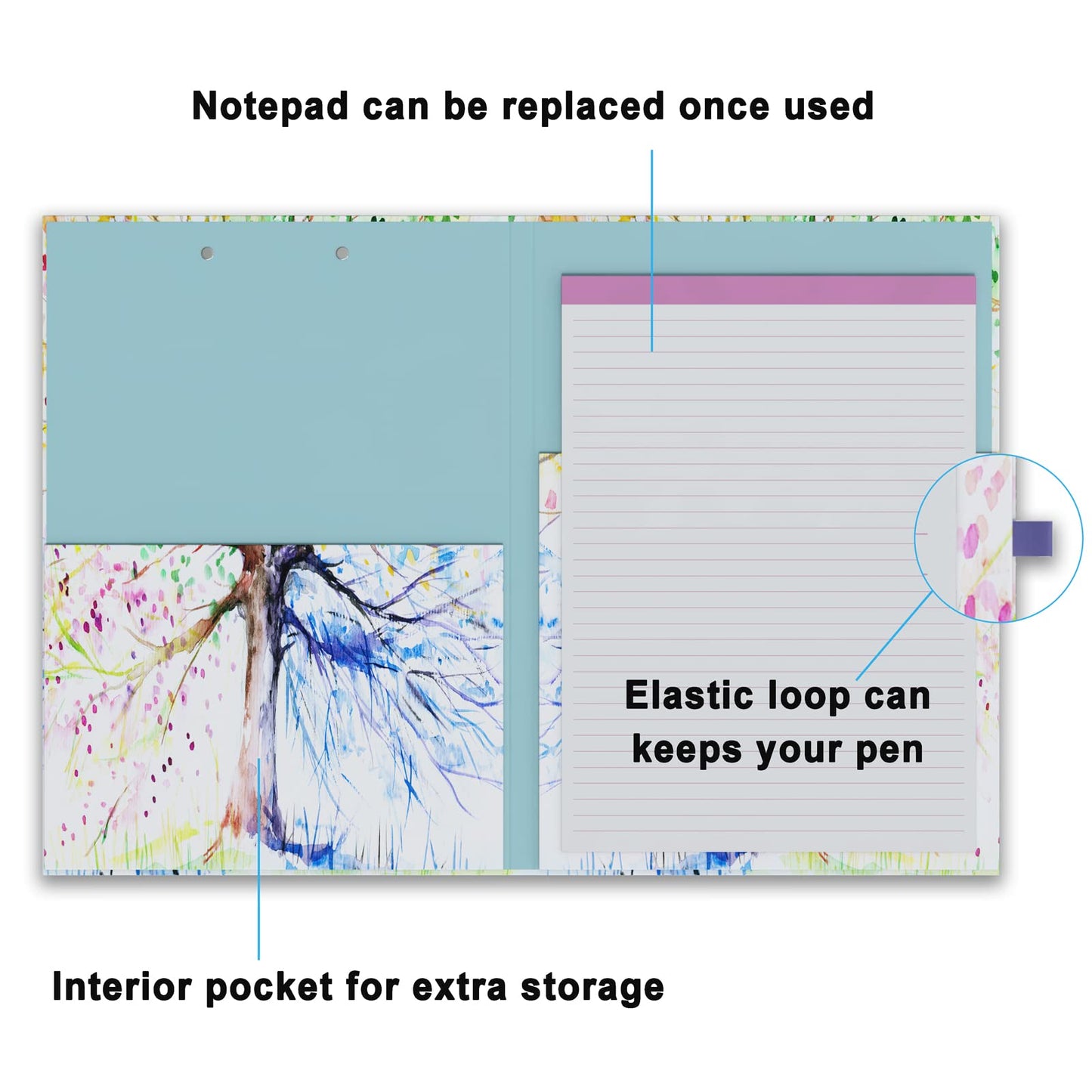 Cute Clipboard Folio with Refillable Lined Notepad and Interior Storage Pocket for Office Stylish A4 Foldable Clipfolio - Tree Seasons