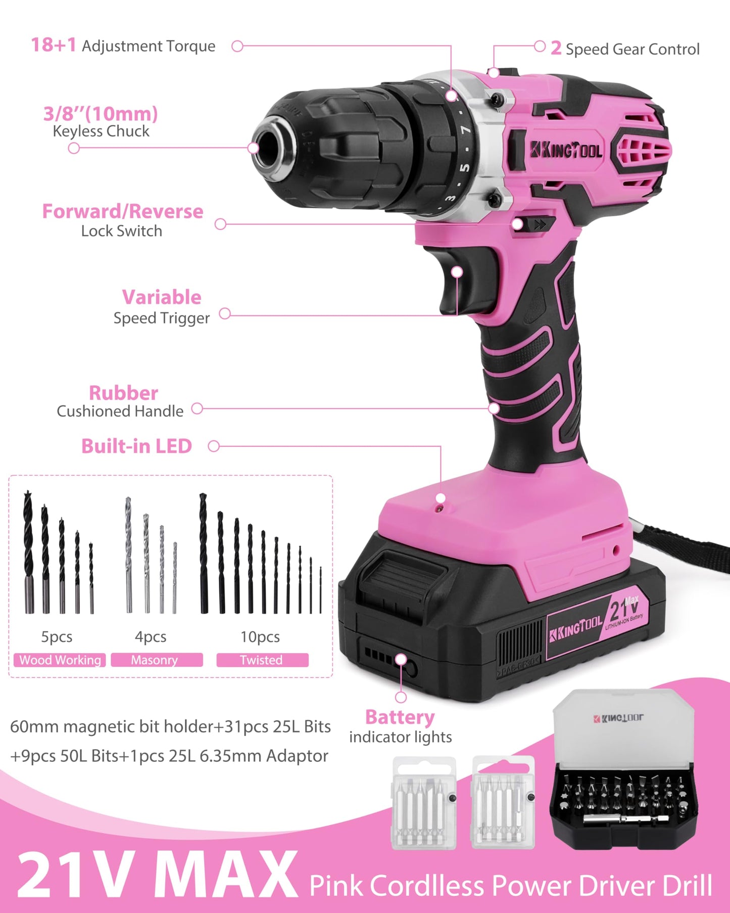 KingTool 267-Piece Tool Kit Set - Pink Tool Set with 21V Cordless Pink Power Drill Driver, Tool kit for Women with Pink Tool Storage Bag, Womens Tool Kit for House, Perfect for Home DIY Projects