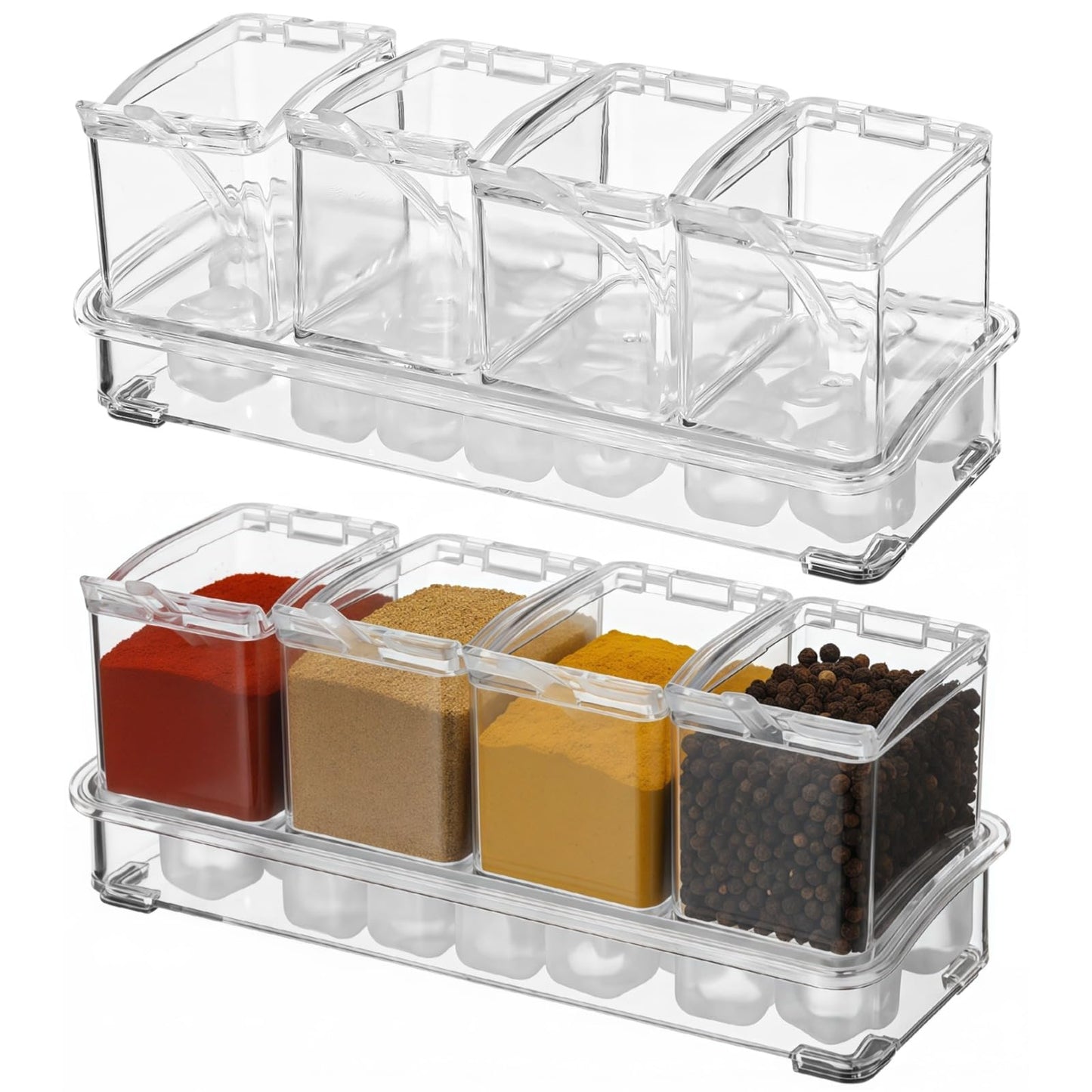 2 Pcs Ice Chilled Condiment Caddy, 4-Compartment Seasoning Box, Includes Base, 4 Spoons, 20 Reusable Ice Cubes, Clear PS, 3.9 x 10 x 3 in, Condiment Server With Lids for Taco Bar, Parties