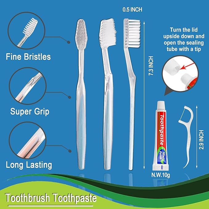 200pcs Disposable Toothbrushes with Toothpaste Floss Individually Wrapped, 2 Color Disposable Toothbrush, 10g Toothpaste, Floss Pick, Bulk Toothbrush Kit for Homeless,Airbnb,Hotel