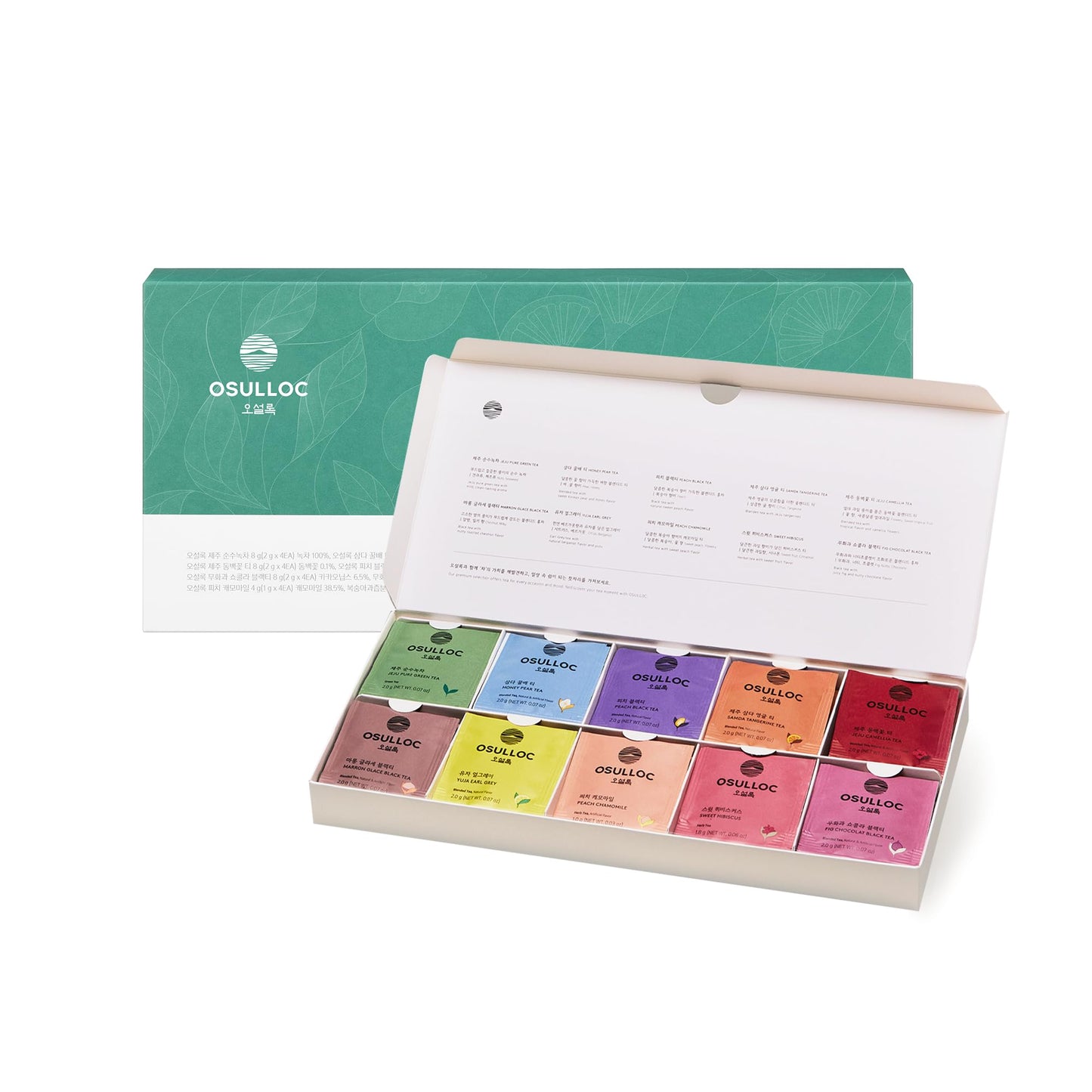 OSULLOC Premium Tea Collection (40 count, 10 flavors x 4 ea), Self Care Sampler Gift Box Variety Pack, Premium Organic Pure & Blended Tea from Jeju