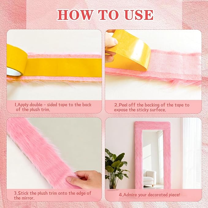 Fluffy Full Length Mirror Cover Universal Ultra Soft Non-Slip Border with Adhesive Tape Pink Fuzzy Frame Decor for Standing Mirror Bedroom Cloakroom Home Decor Women Gifts (pink, 59x16 inches)