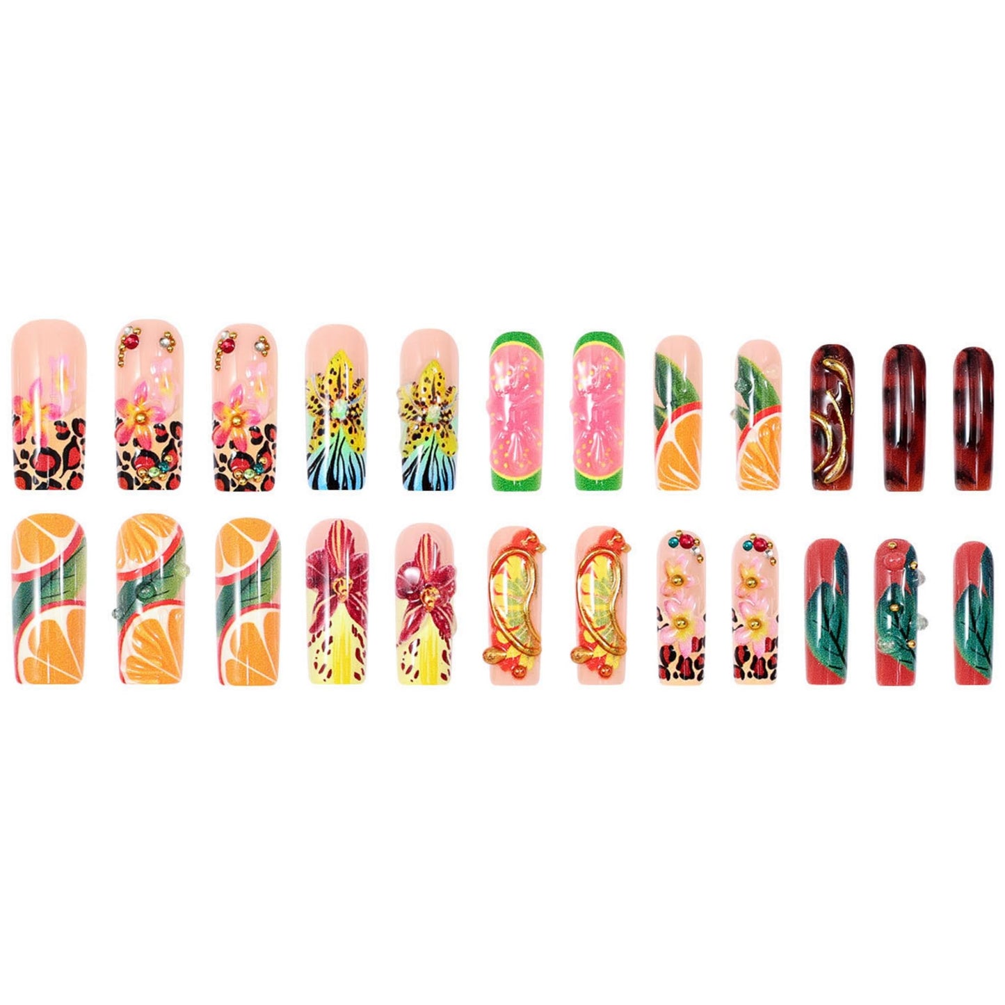 Long Press on Nails Square Fake Nails Multicolor Tropical Acrylic Nail Press Ons Seeneey 3D Flower and Fruit Leopard Designs Summer Beach Extra Long Stick on Nail for Women 24pcs