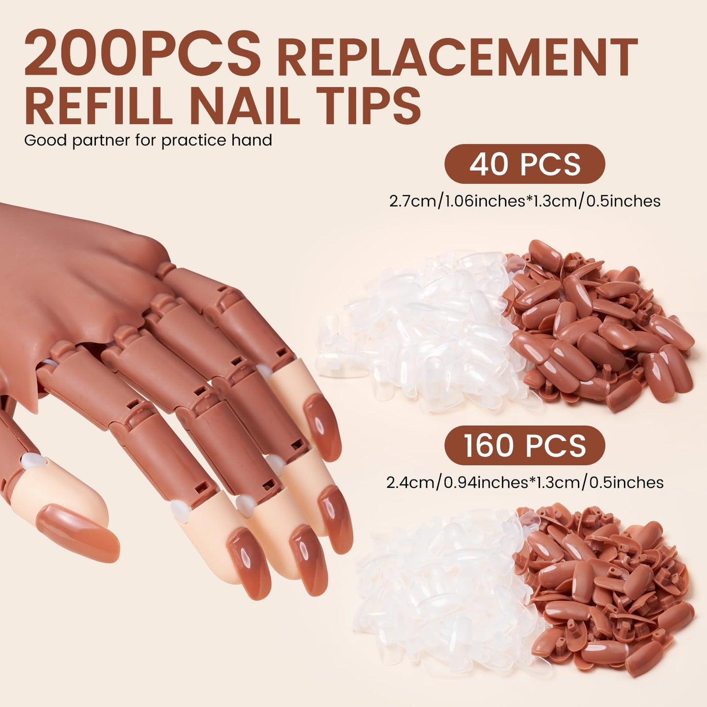Fit for Wilfniee Magnetic Hand Only- 200PCS Replacement Nail Tips for Magnetic Practice Hand - Clear Brown Refill Acrylic Fake Nail Tips for Magnetic Nail Practice Hand