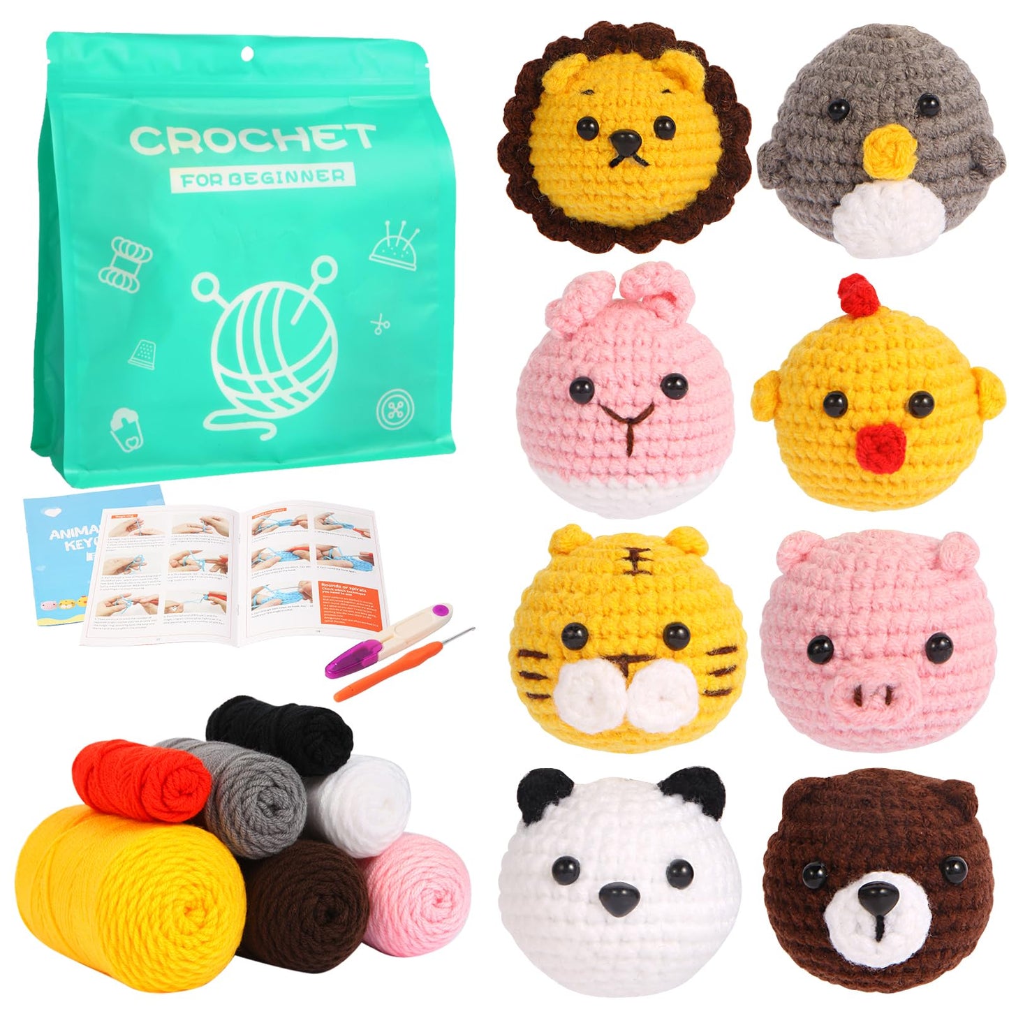 GOZATO Crochet Kit for Beginners, Crochet Animal Kit with Step-by-Step Video Tutorials, Easy Beginner Crochet Kit for Adults, Women & Men, Handmade DIY Gift Complete Kit Included (8Pack)