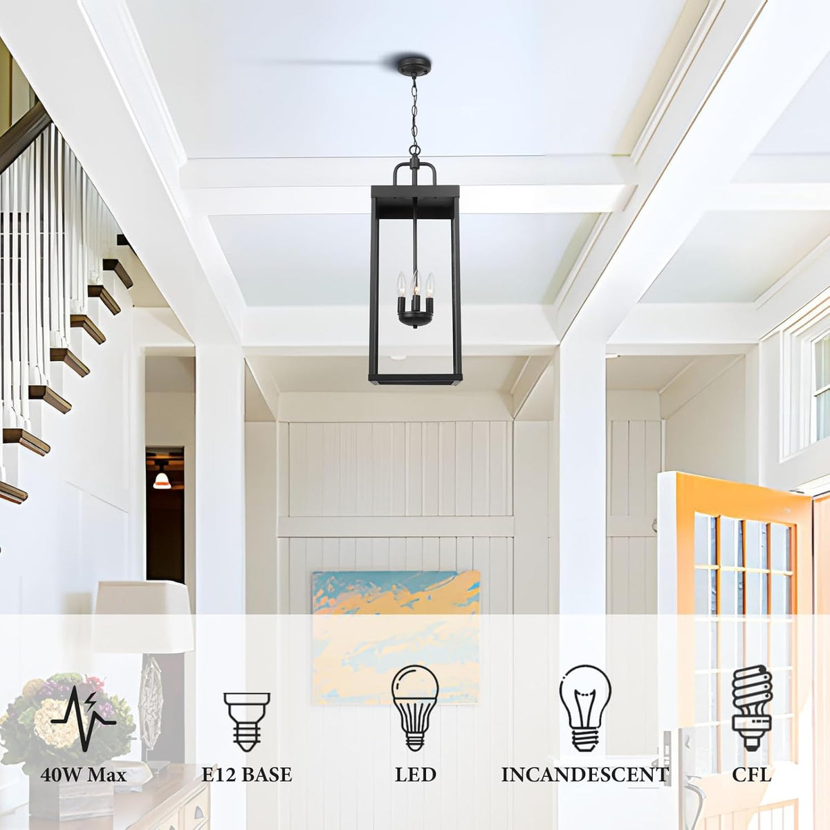 Large Outdoor Pendant Lantern Light Fixture for Front Porch, 28 Inch 4-Light Black Exterior Hanging Chandelier with Clear Glass, Outdoor Indoor Pendant Lamp for Patio, Gazebo, Entryway, Doorway