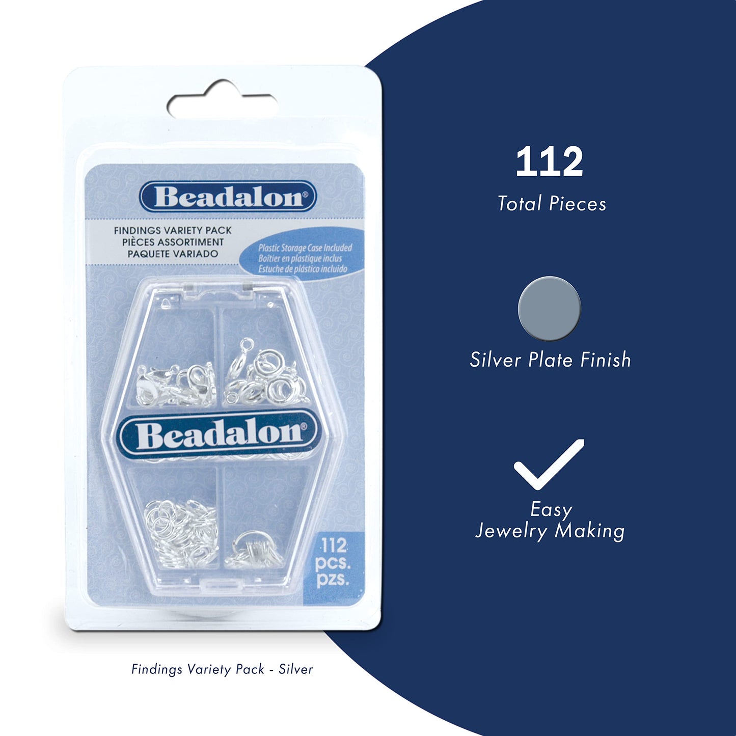 Beadalon Silver Plated Findings Variety Pack for Jewelry Making - 112 Pcs with Jump Rings, Spring Ring Clasps, Lobster Clasps in Convenient Storage for DIY Jewelry Repair and Design