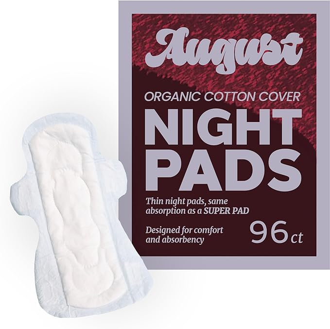 August Organic Menstrual Pads - Super Absorbency, 96 HSA FSA Eligible, Fragrance Free, Hypoallergenic Pads with Wings (6 Boxes of 16)