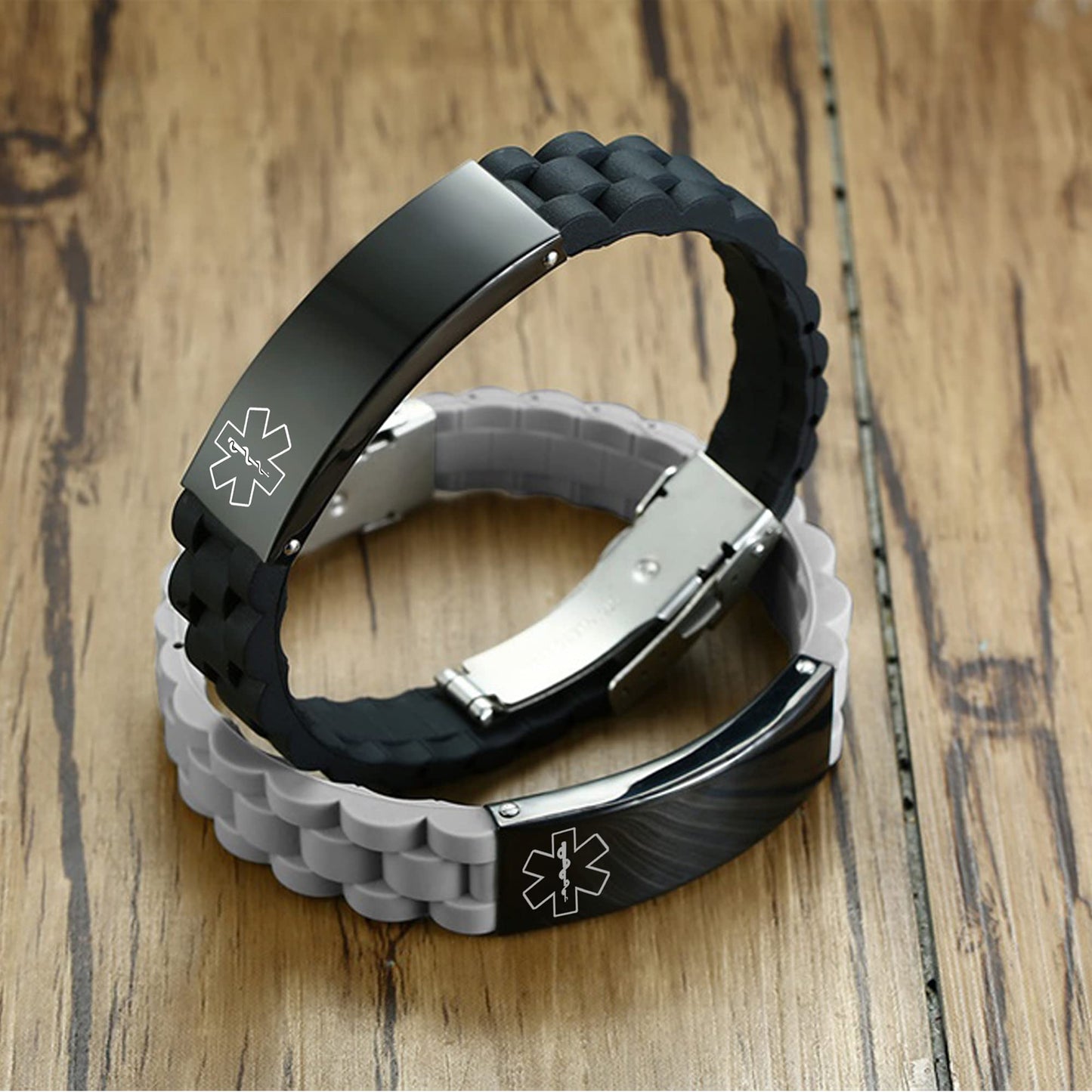 VNOX NO Needles OR BP This ARM Medical Alert ID Black Silicone Rubber Stainless Steel Adjust Bracelet Wristband