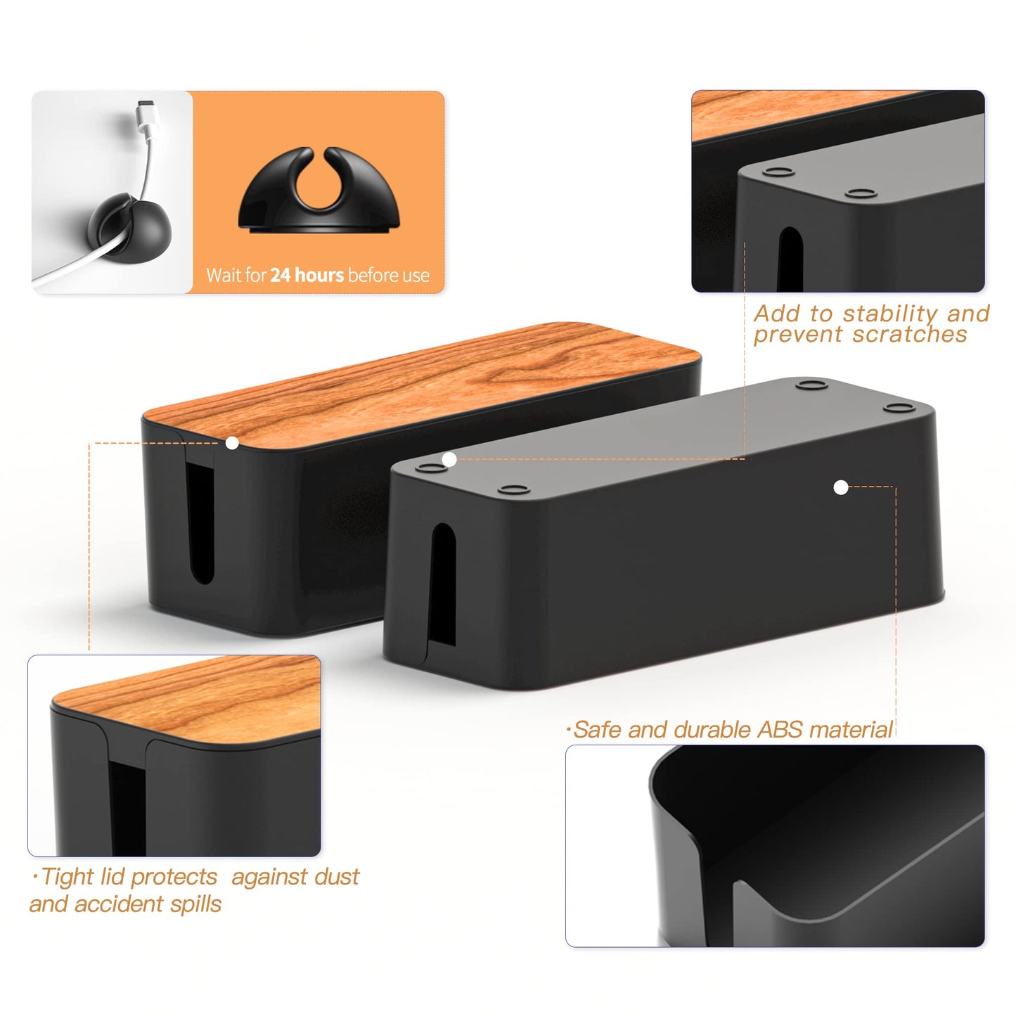 Cable Management Box 2 Pack with 16 Cable Clips Set-Large & Medium & Small Wooden Style Cable Organizer Box to Hide Wires&Power Strips | Cord Organizer Box | Cable Organizer for Home & Office [Black]