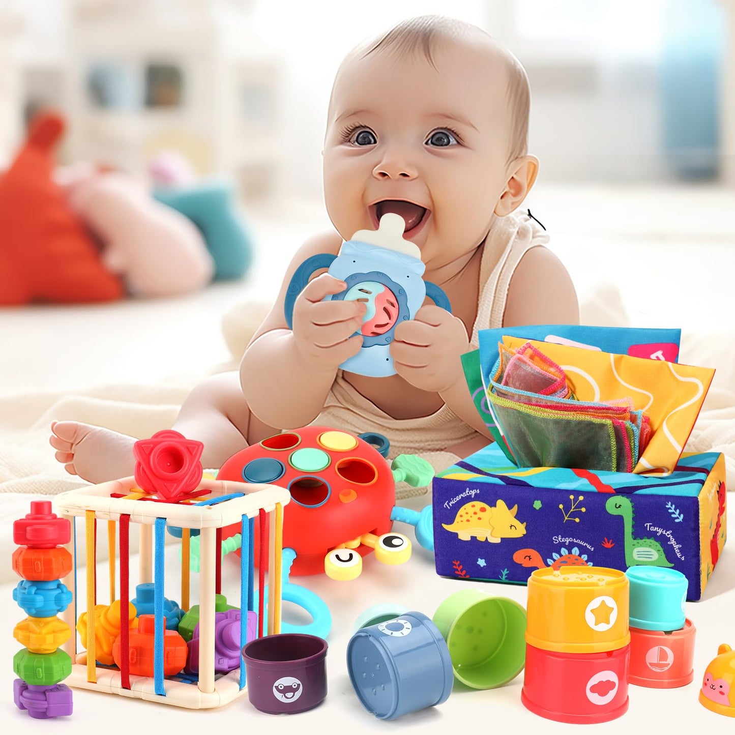 KADAYAYA Montessori Baby Toy for 18 Months, Teether Rattle Tissue Box Pull String Crab Toy, Infant Sensory Toys Shape Storage Bin,Stacking Cup Toy Gift for Toddlers Boys Girls 1 2 3 Year Old