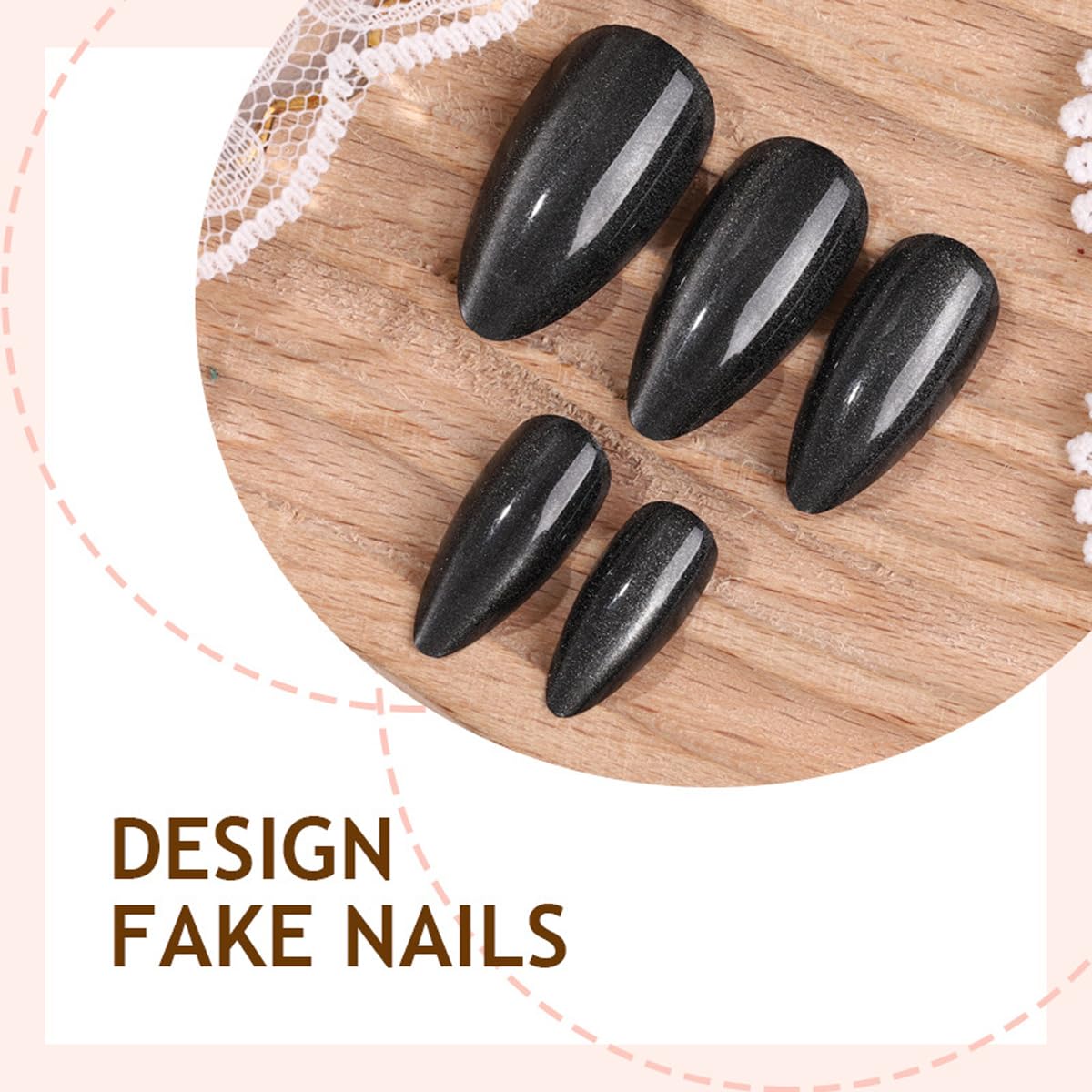 Black Press on Nails Medium Almond Fake Nails Glitter Nails Press ons with Design Full Cover Glue on Nail Stick on Nails for Women Manicure,Glossy | Reusable | Nail Sticky Tab | Easy Apply | 24Pcs