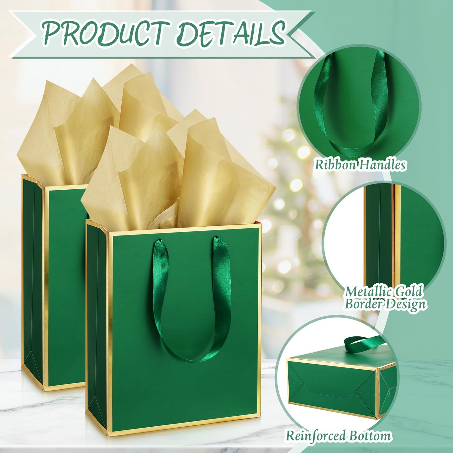 Yeaqee 24 Pack Metallic Paper Gift Bags with Handle and Tissue 9x7x3.1 Gold Foil Welcome Thank You Favor Bags Return Gifts for Wedding Mothers Graduation Bridesmaid Birthday(Green Gold)