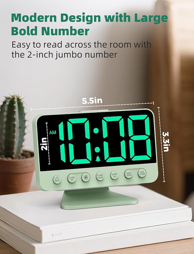 Odokee Digital Alarm Clocks for Bedrooms with Large Bold Number | Electric Desk Clock with Night Light & Brightness Dimmer - Loud Alarm for Heavy Sleepers with Adjustable Volume - Sage Green