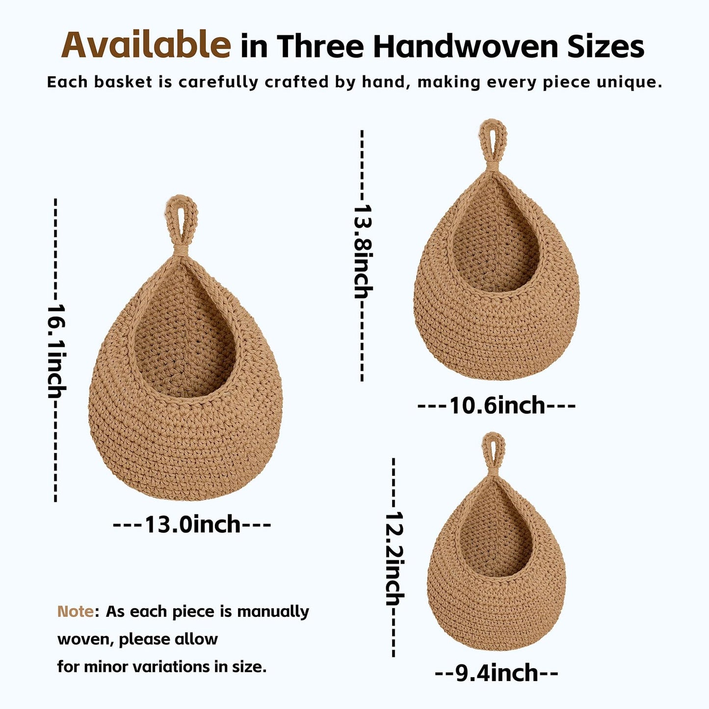 Hanging Storage Baskets Boho Decor Set of 3, Handmade Cotton Rope Wall-Mounted Fruit & Vegetable Baskets, Decorative Hanging Organizers for Kitchen, Entryway, Bathroom & Bedroom