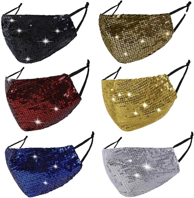 6 Pcs Washable Glitter Bling Women Face Mask. Breathable Reusable Adjustable Fashion Masquerade Facemasks With Pocket.