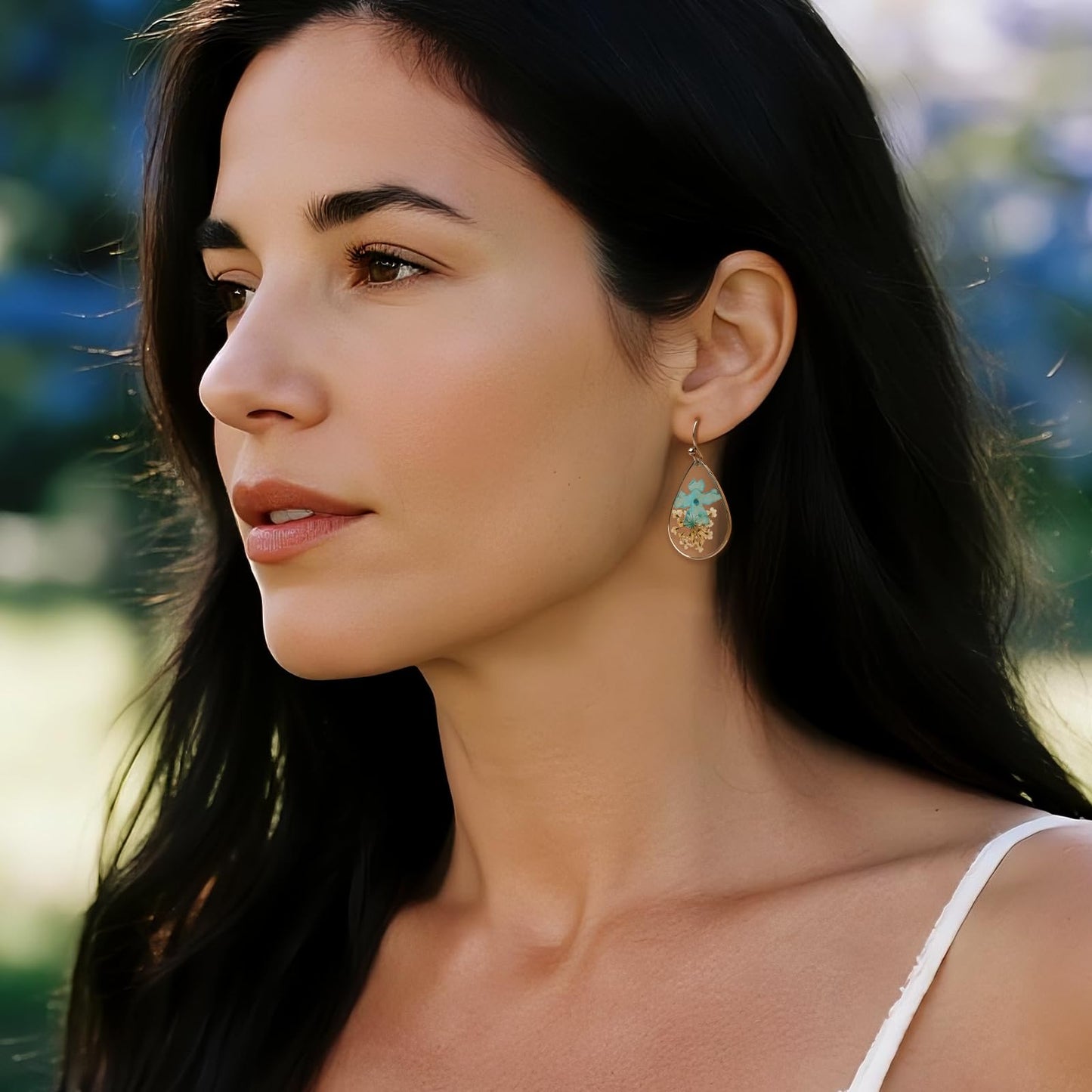 Jean Beau Handmade Pressed Flower Earrings for Women, Unique Blue Turquoise Dried Flowers Sterling Silver Teardrop Dangle Drop Nature Floral Earings Summer Jewelry Gift