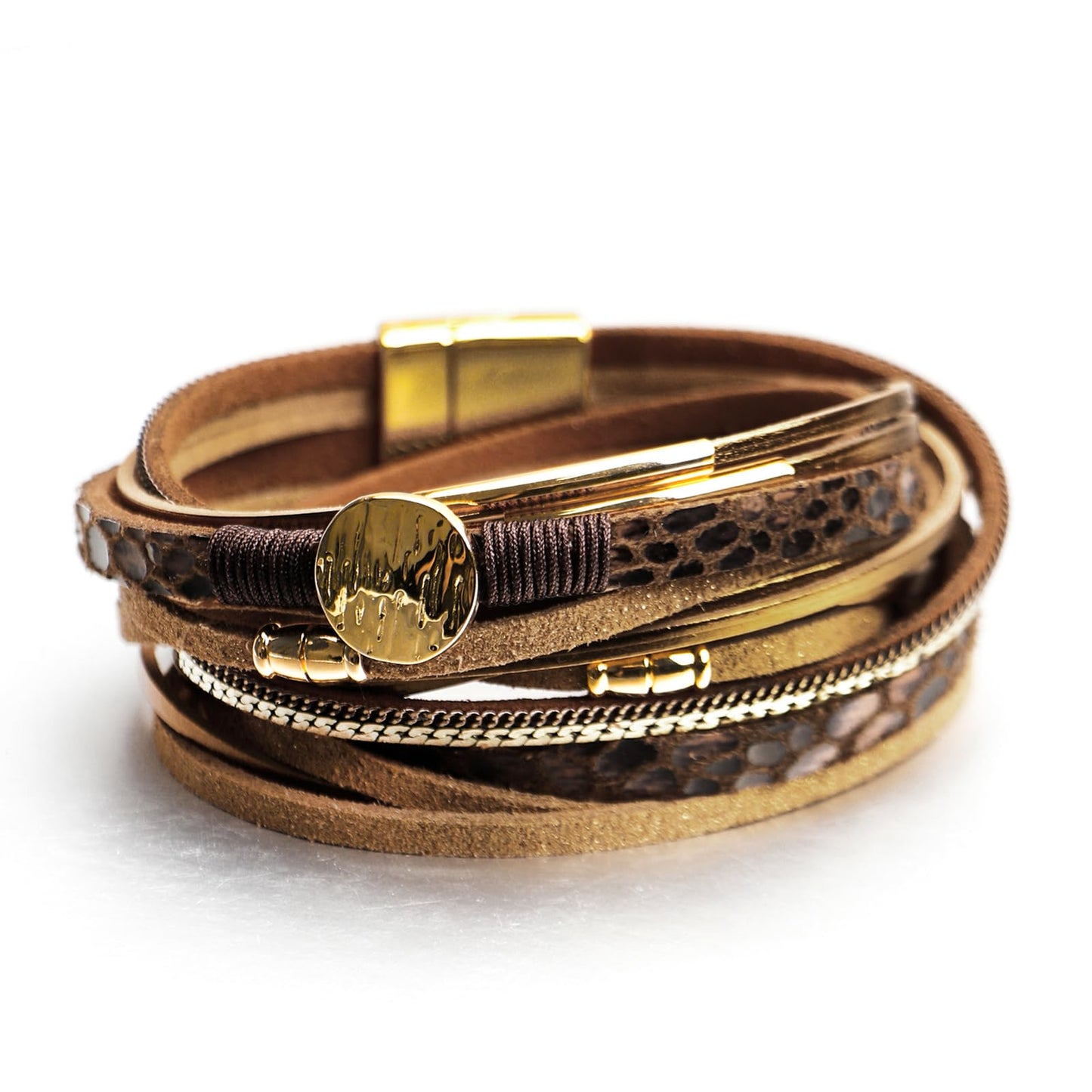 Leopard Bracelet for Women, Boho Leather Wrap Multi-Layer Pearl Crystal Bracelet Bangle Jewelry(Disc(Brown))