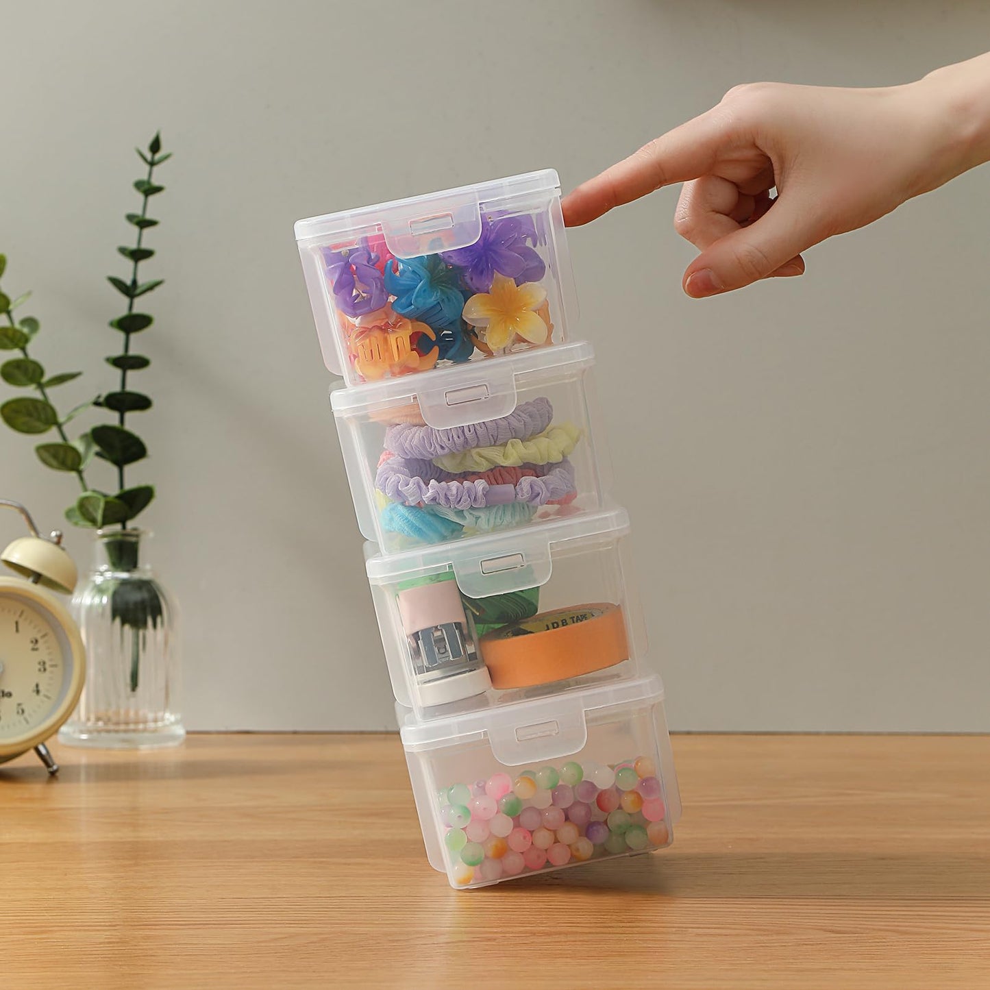 Swuj 10-Pack Small Plastic Containers with Lids, Clear Stackable Storage Boxes & Bins Organizer for Bead Organizer, Craft Storage, Stickers, Jewelry & Small Items – Square Small