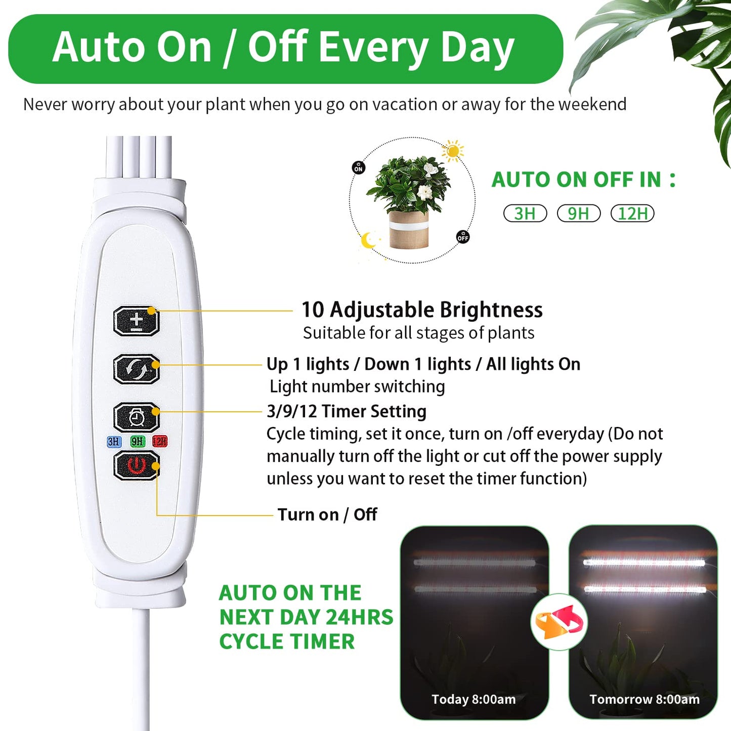 2 Head 13" Growing Lamp for Indoor Plants, Red & White Full Spectrum LED Grow Light Strips with Auto ON/Off, 3/9/12H Timer,10 Dimmable Levels for Green House Seedlings