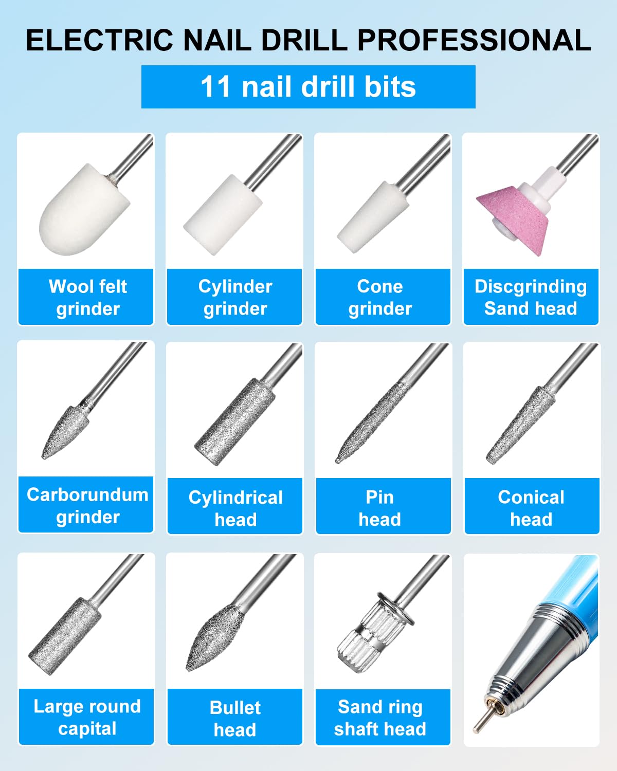 Moskany Professional Electric Nail Drill Kit 45000RPM Gradient Blue Cordless Rechargeable Nail File Machine with Nail Lamp Portable Efile Nails Drill for Acrylic Gel Nails