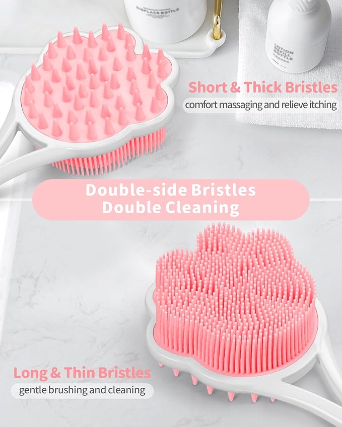 Manmihealth 15.7" Cute Silicone Back Scrubber with Long-Handle, Dual Use Back Brush for Shower with Super-Soft Silicone Bristles, Paw-Shaped Shower Body Scrubber for Sensitive Skin(Pink)