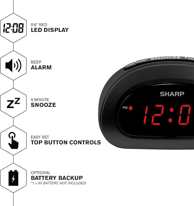 Sharp Small Digital Alarm Clock, Red LED, Snooze, 9V Battery Backup, Black