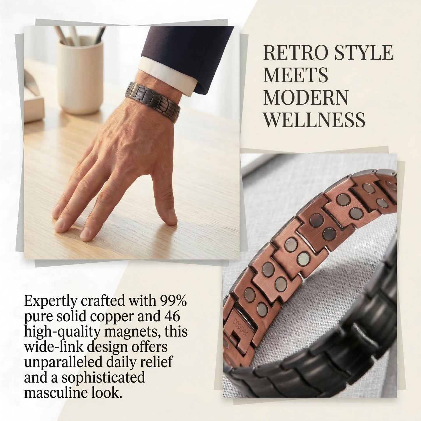 Picalela Magnetic Copper Bracelet for Women & Men(Unisex) – 99% Pure Solid Copper with 46 Magnets, Adjustable Wide-Link Design to Boost Circulation & Alleviate Fatigue (Black)
