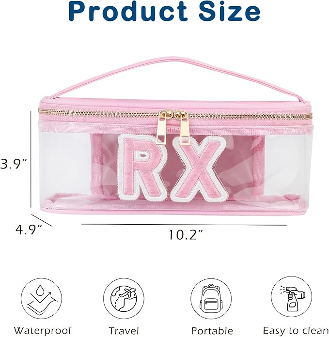 Clear PVC Letter Patch MEDS RX Makeup Bag with Metal Zipper,Large Capacity Nylon Transparent Medicine Bag with Top Handle,First Aid Travel Organizer Cosmetic Bag(04 Pink RX)