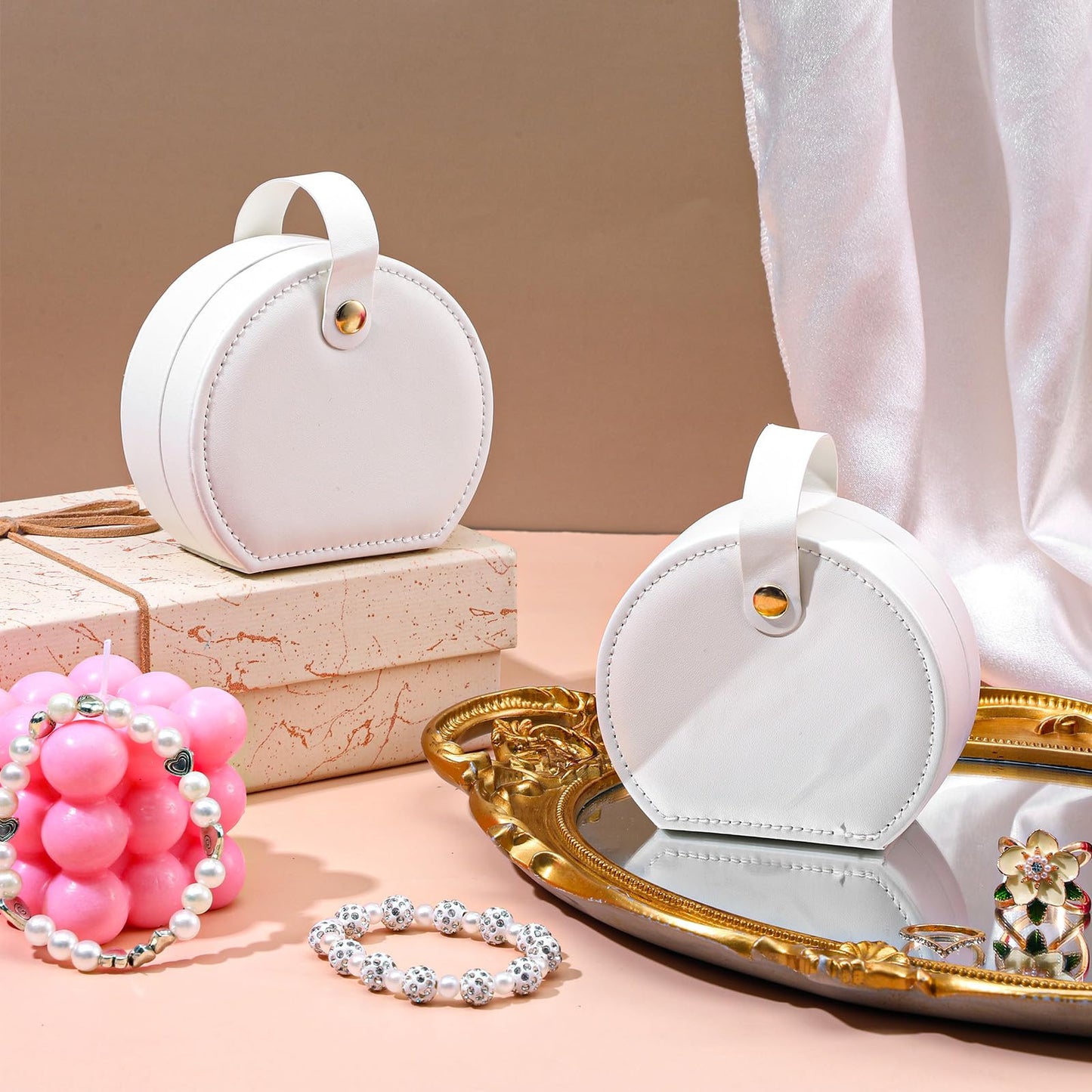 Nodaaiie 8 Pcs Travel Jewelry Case, Mini Leather Jewelry Organizer Box with Detachable Handle for Women and Teens, White